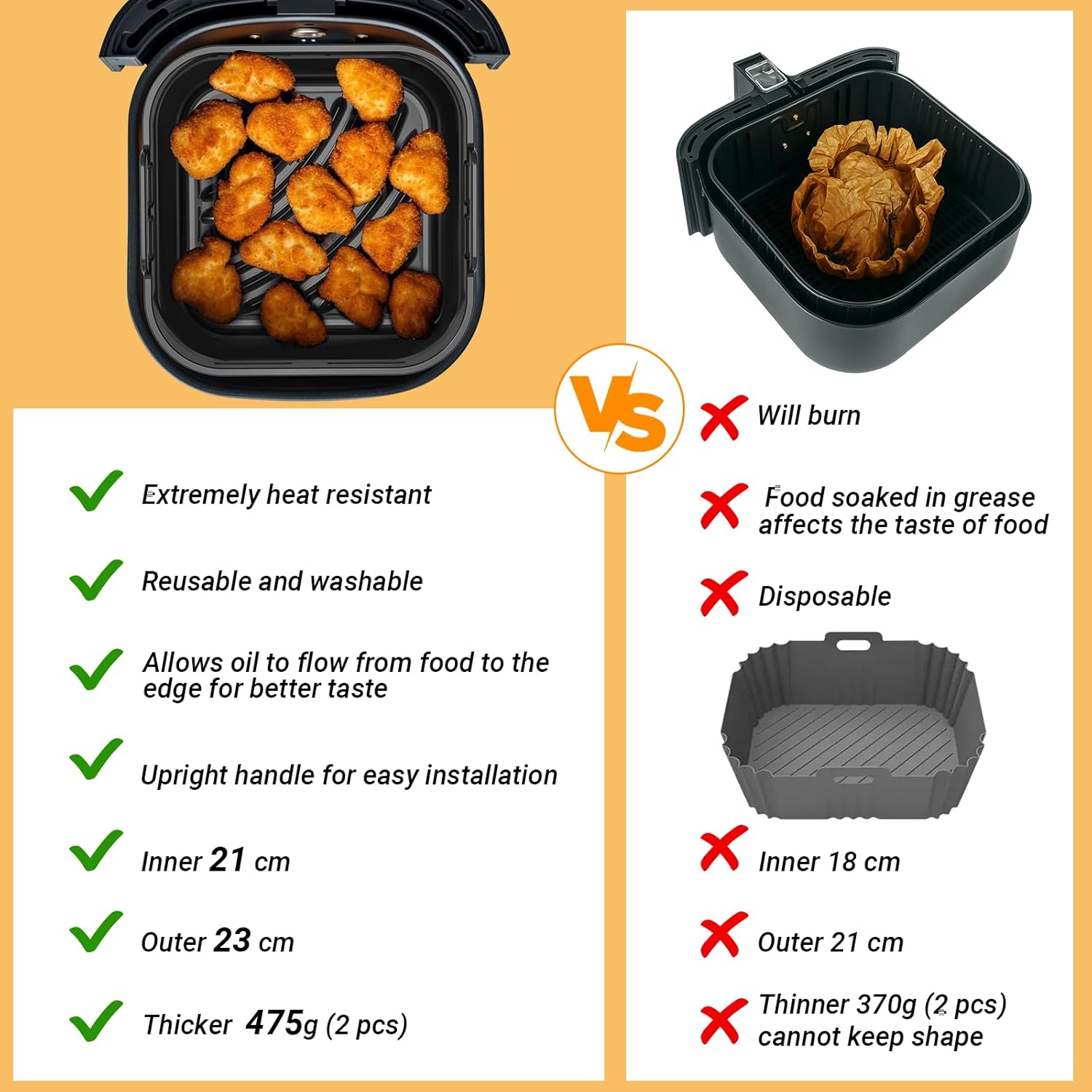 Alyvisun - Moules silicone airfryer carré, 2 pièces, pinceau inclus, compatible micro-ondes et four, noir