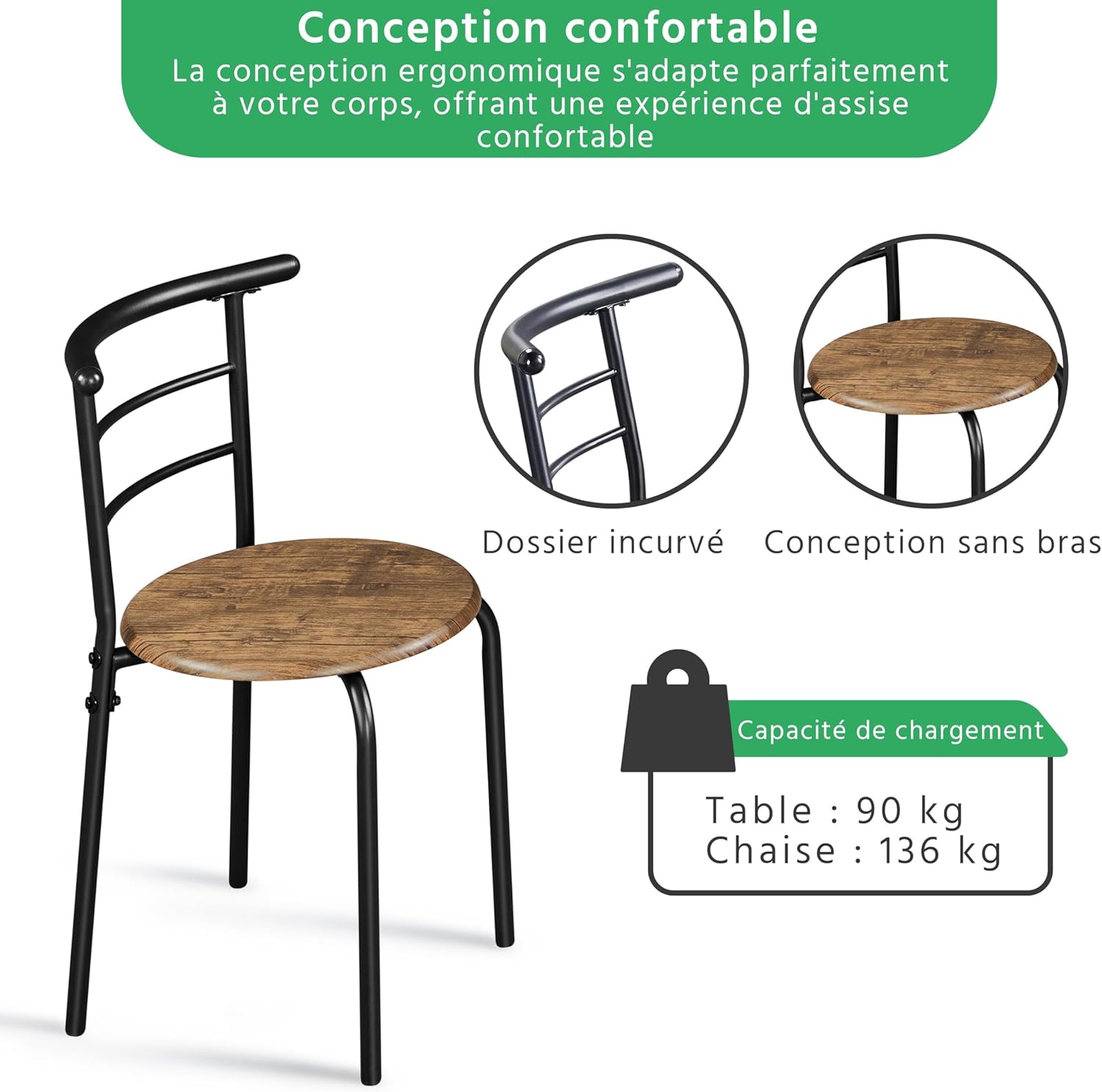Yaheetech - Ensemble table ronde 3 pièces petit espace, porte-bouteilles, bois, 2 chaises, dimensions compactes