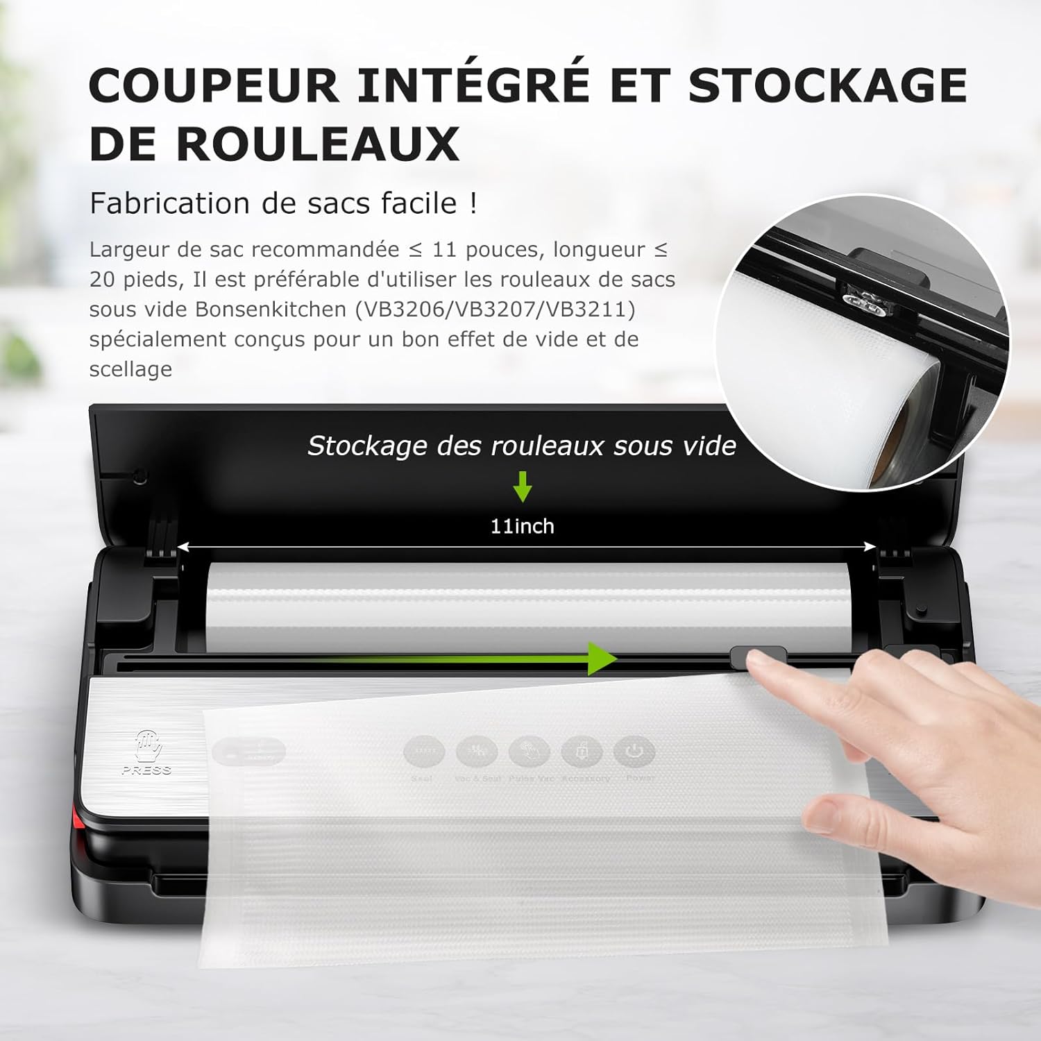 Bonsenkitchen - machine sous vide - cutter intégré, sacs inclus, pour aliments secs et humides