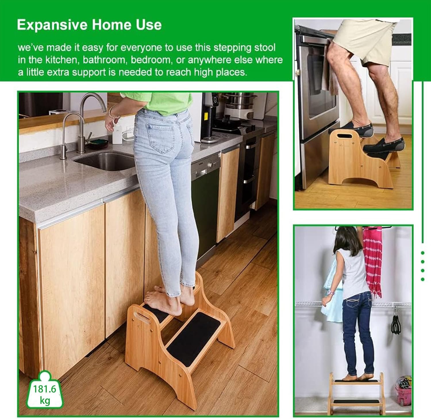 StrongTek - Tabouret 2 marches bois - 160kg - antidérapant, poignées, stable, naturel