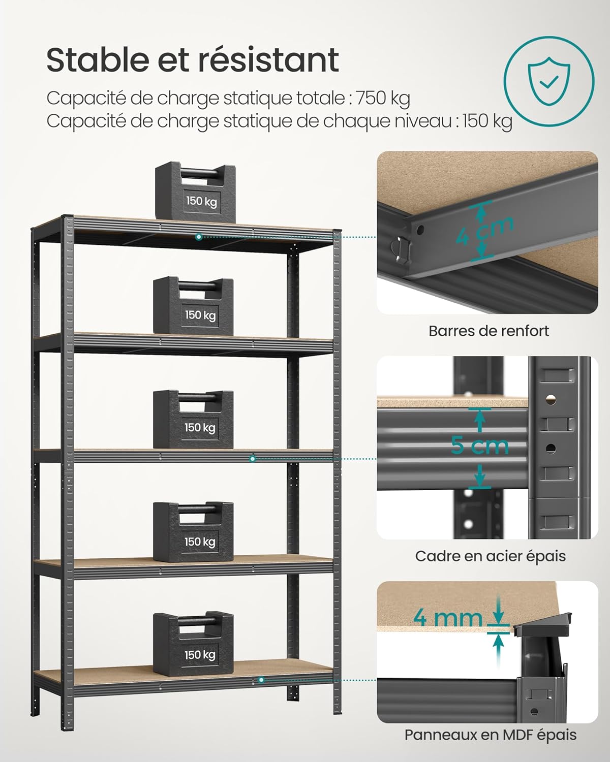 SONGMICS - étagère industrielle 60x120x200 cm, 5 niveaux, 750 kg, GLR060G02