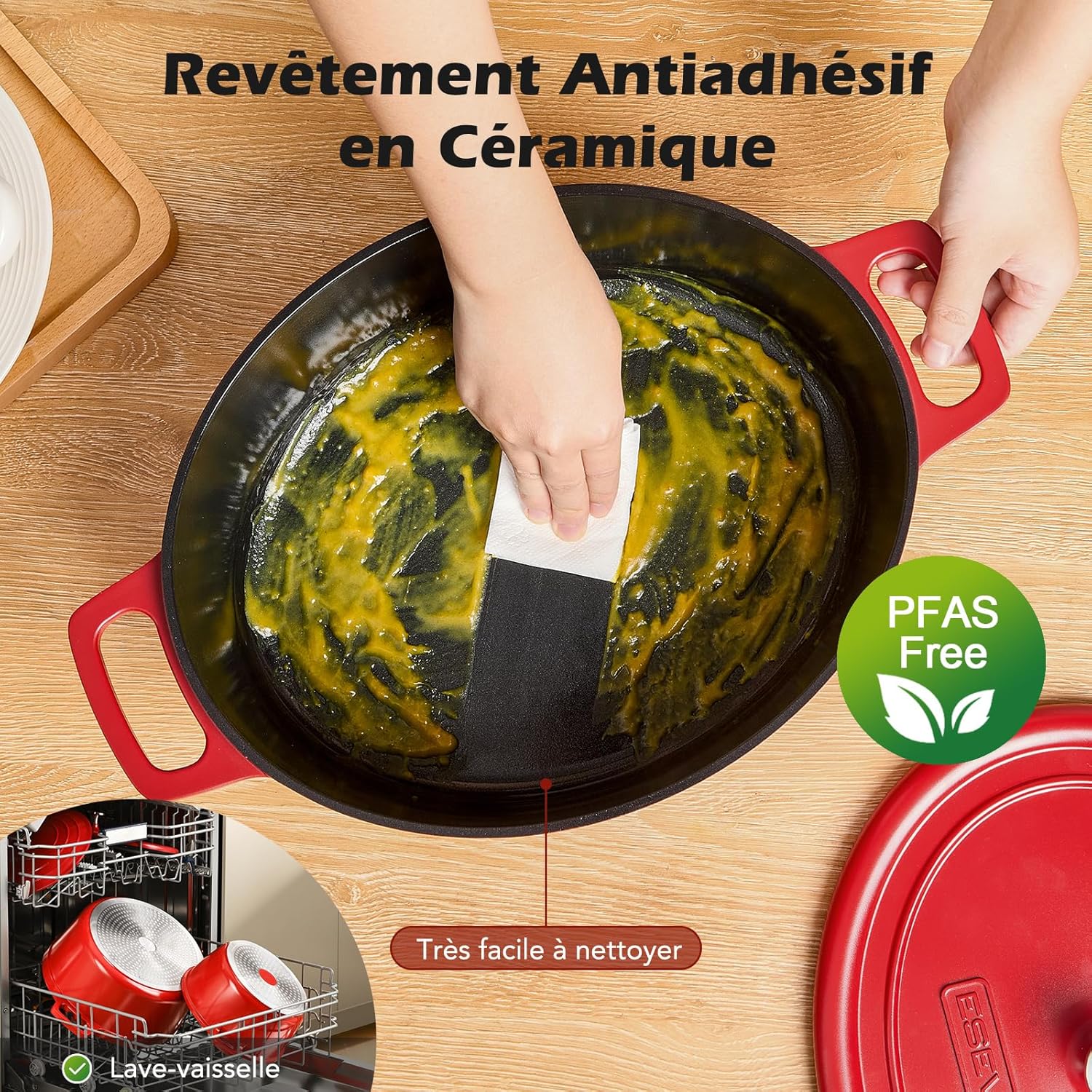 Cocotte fonte ovale 38cm, 11L, fonte alu, revêtement céramique, rouge