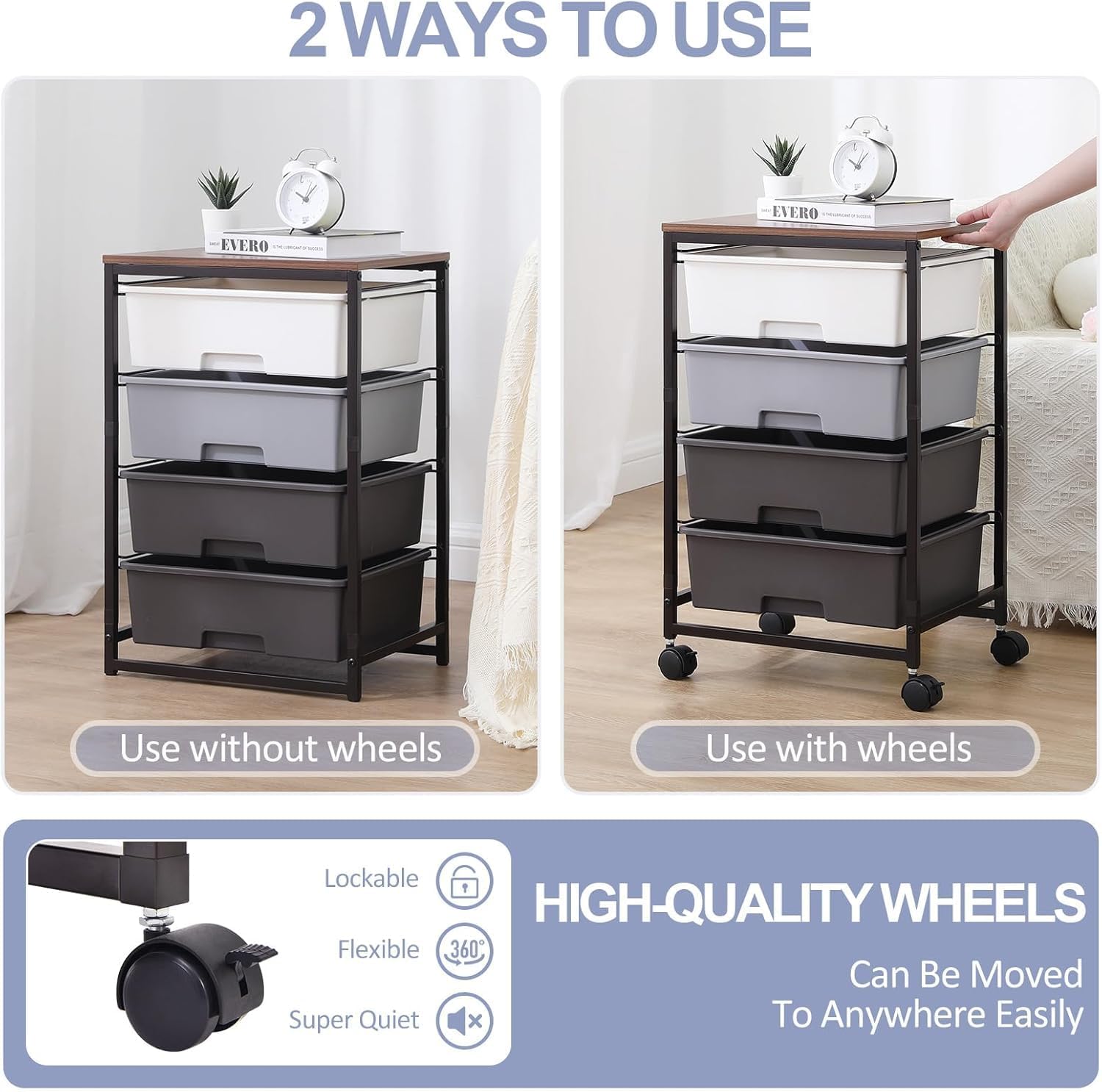 Chariot de rangement - 4 tiroirs, roulettes, plateau bois, gris, grande capacité