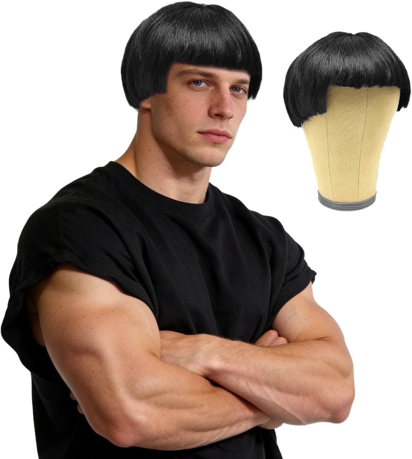 Perruque cosplay noire années 60, coupe boule avec frange, adulte