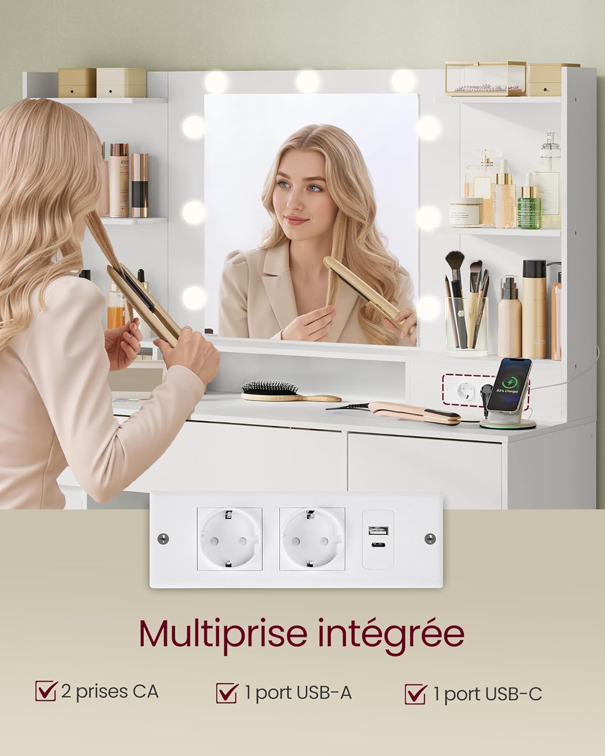 VASAGLE - Kailyn Collection - coiffeuse LED, 9 tiroirs, blanc, RDT141WB02