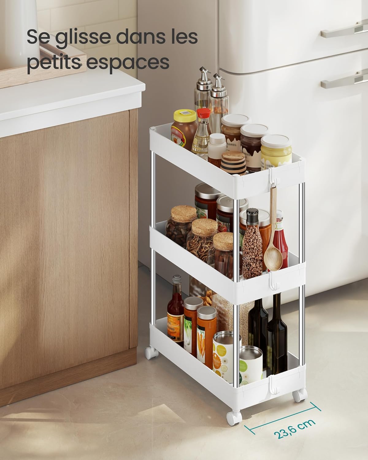 SONGMICS - Chariot de cuisine 3 niveaux, 23,6x42x60,6 cm, acier blanc, KSC009W01