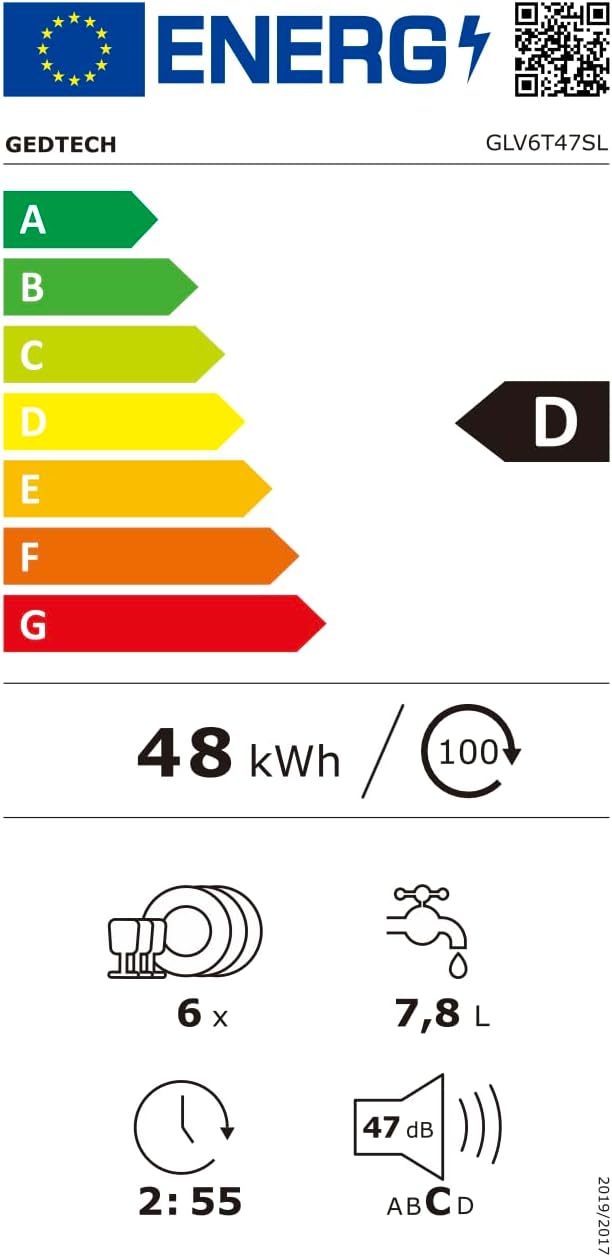 GEDTECH - Lave-vaisselle compact 6 couverts, 47 dB, départ différé, GLV6T47SL