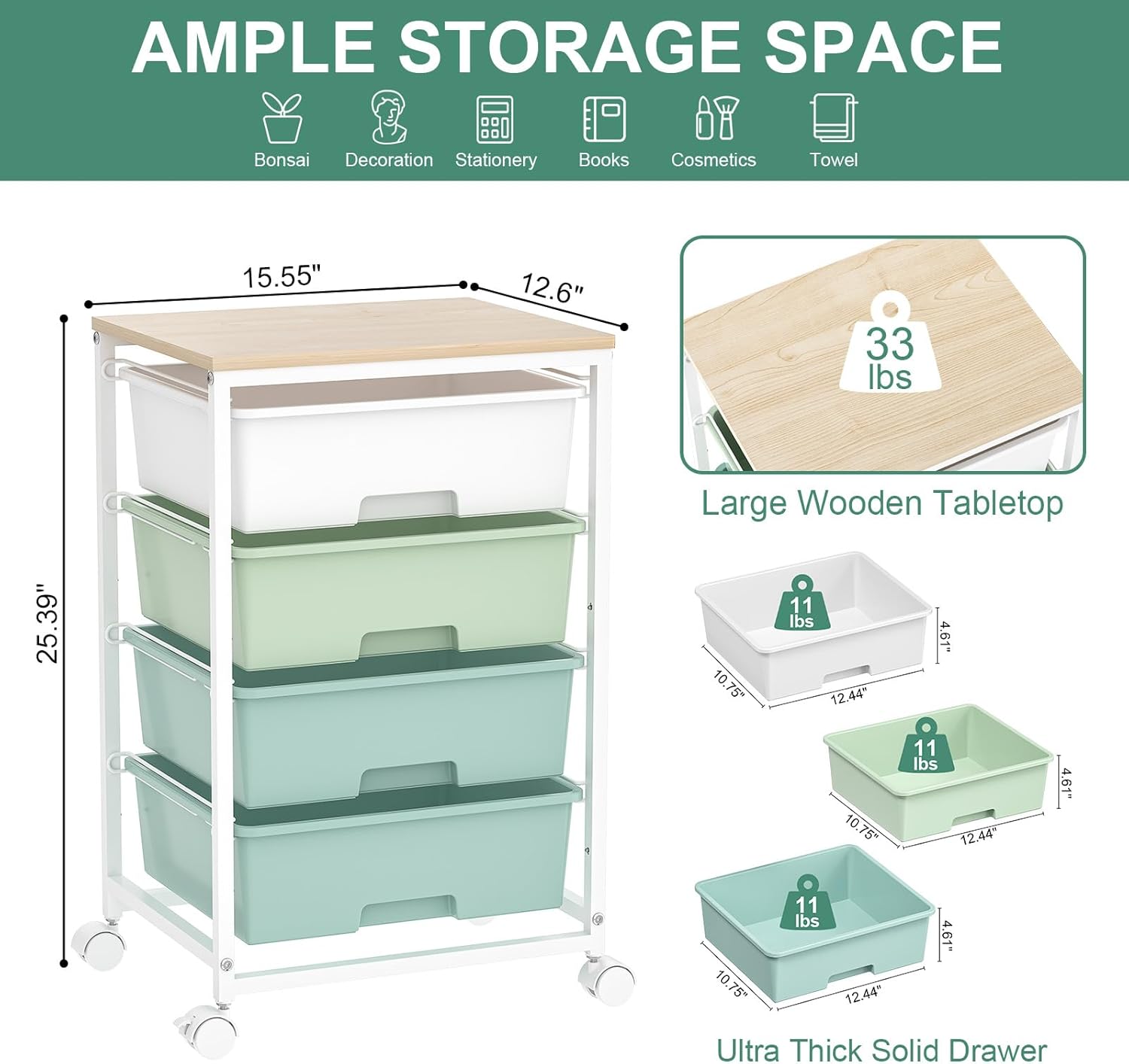 Chariot de Rangement - 4 tiroirs sur roulettes, plateau bois, grande capacité, vert - Idéal cuisine, salon, chambre