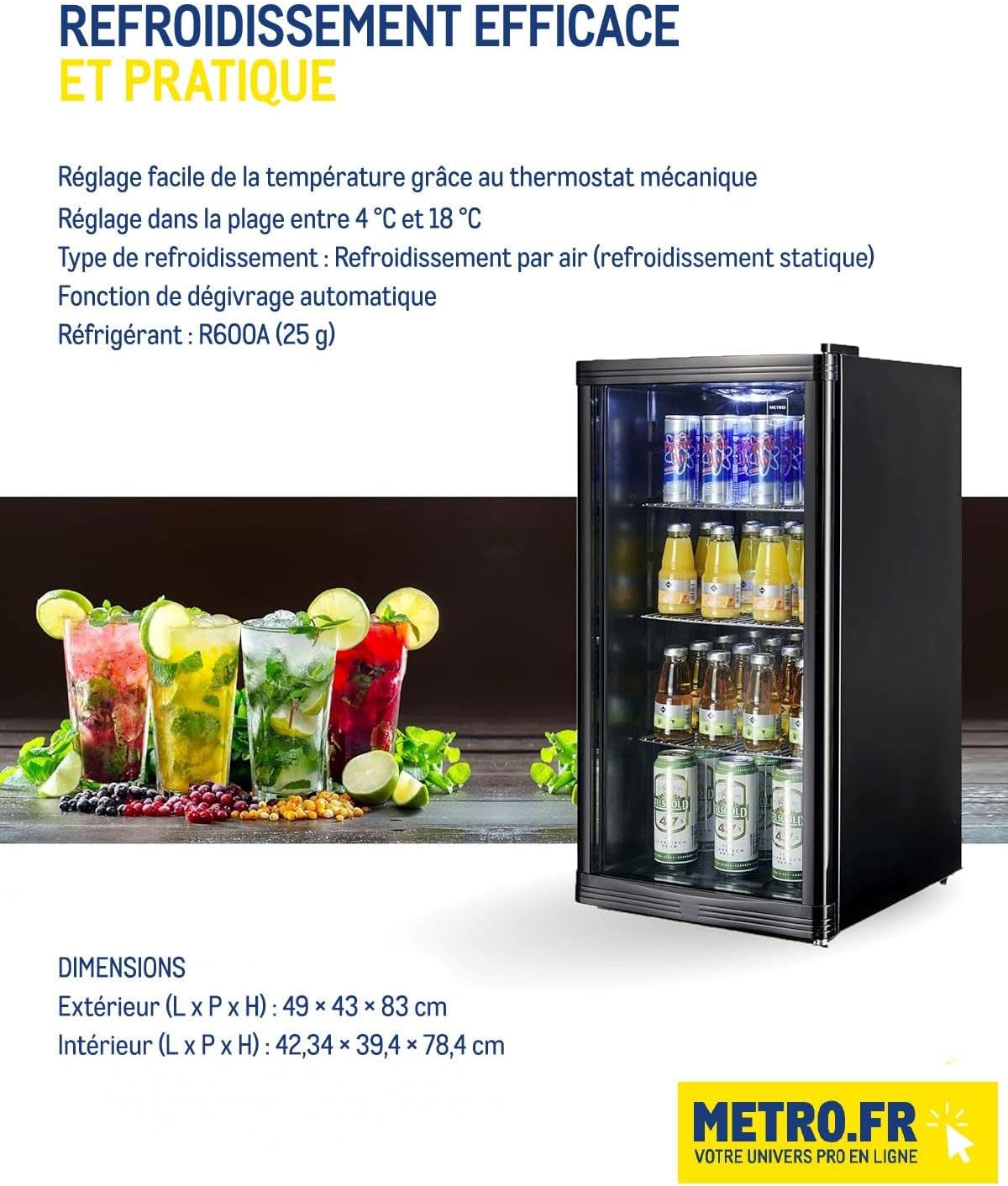 METRO - Réfrigérateur boissons - 43x49x83 cm, 88L, statique, noir, GPC1088
