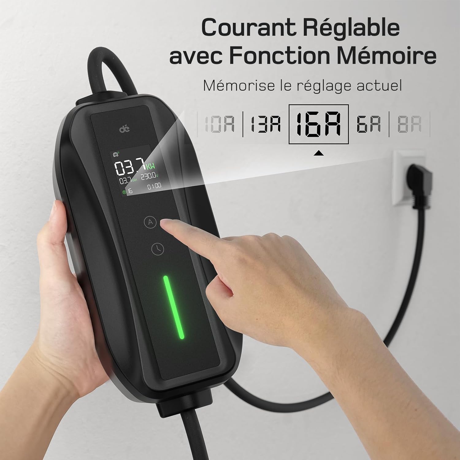 Chargeur Voiture Électrique - 15m - 3,68kW, 6/8/10/13/16A, LCD, Type 2