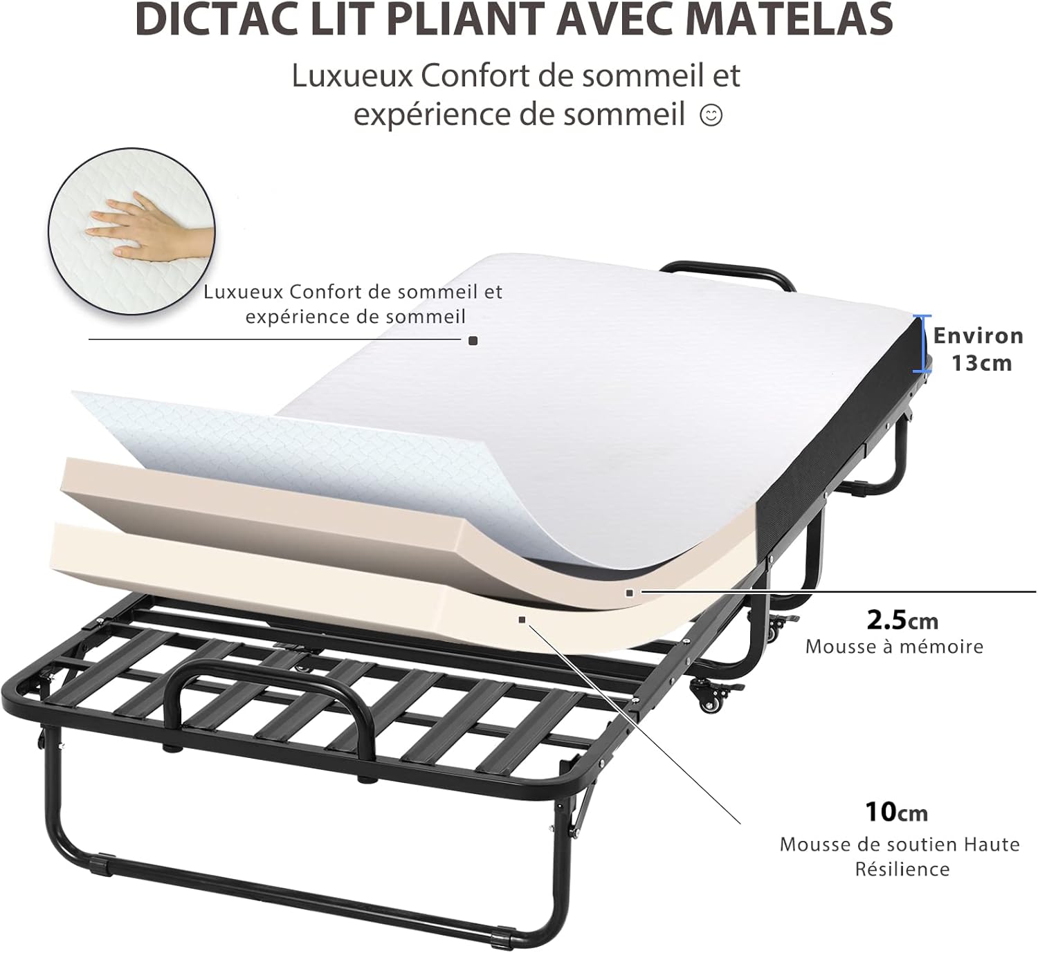 DICTAC - lit pliant adulte 90x200 cm, mousse mémoire, facile à assembler