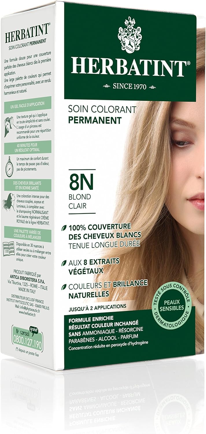 Herbatint - soin colorant permanent - 150ml - sans ammoniaque, couverture cheveux blancs, 8N