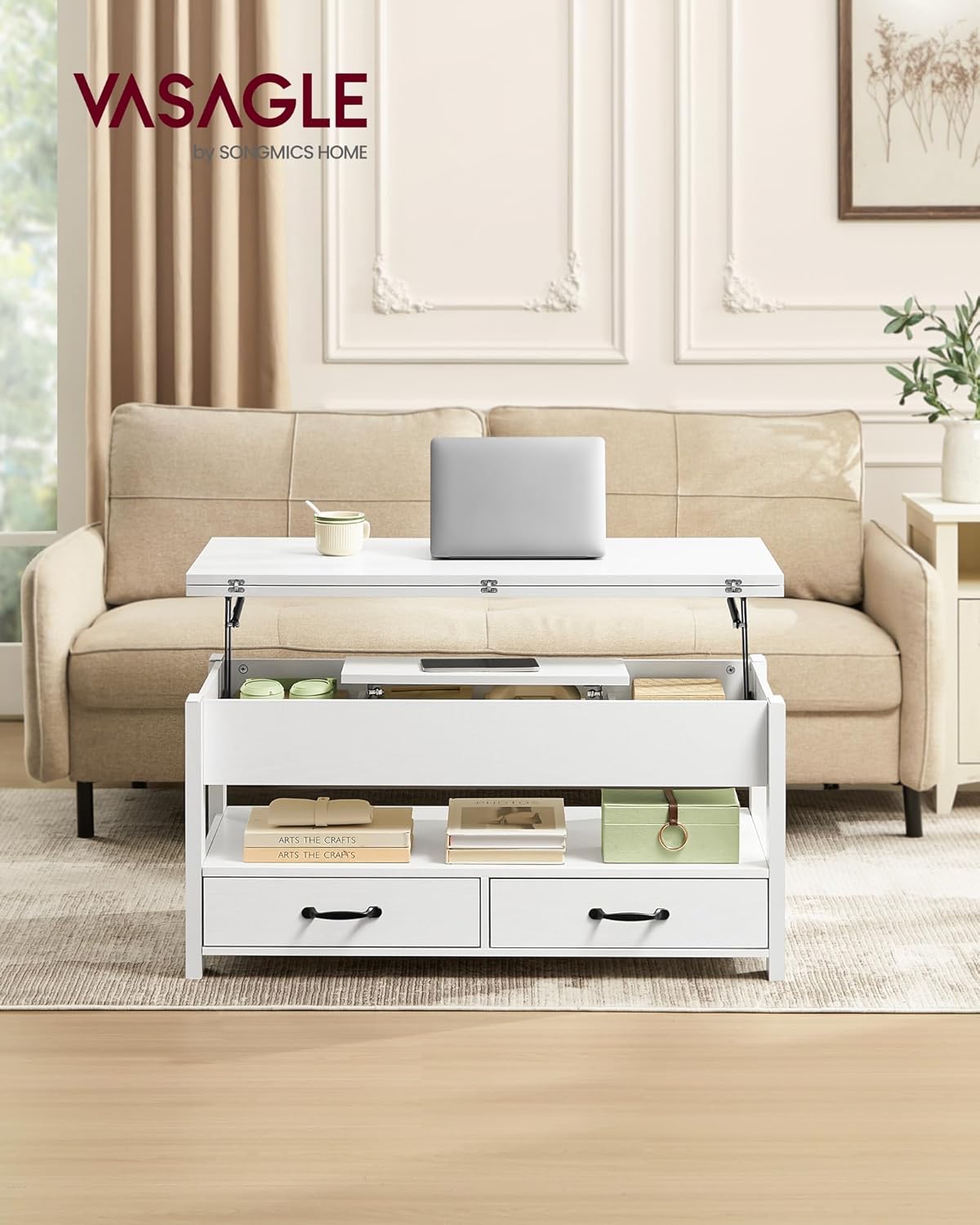 VASAGLE - Table basse relevable, 2 tiroirs, 3 compartiments, blanc, LCT254W02