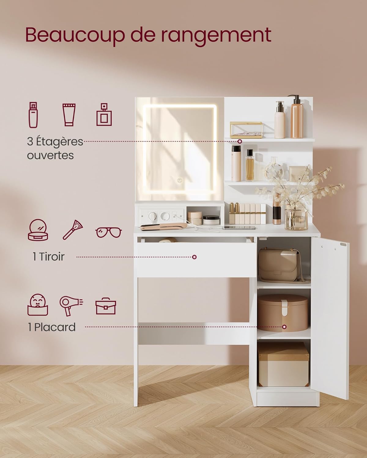 VASAGLE - Coiffeuse Kailyn, blanc, LED, multiprise, étagères, RDT138W01
