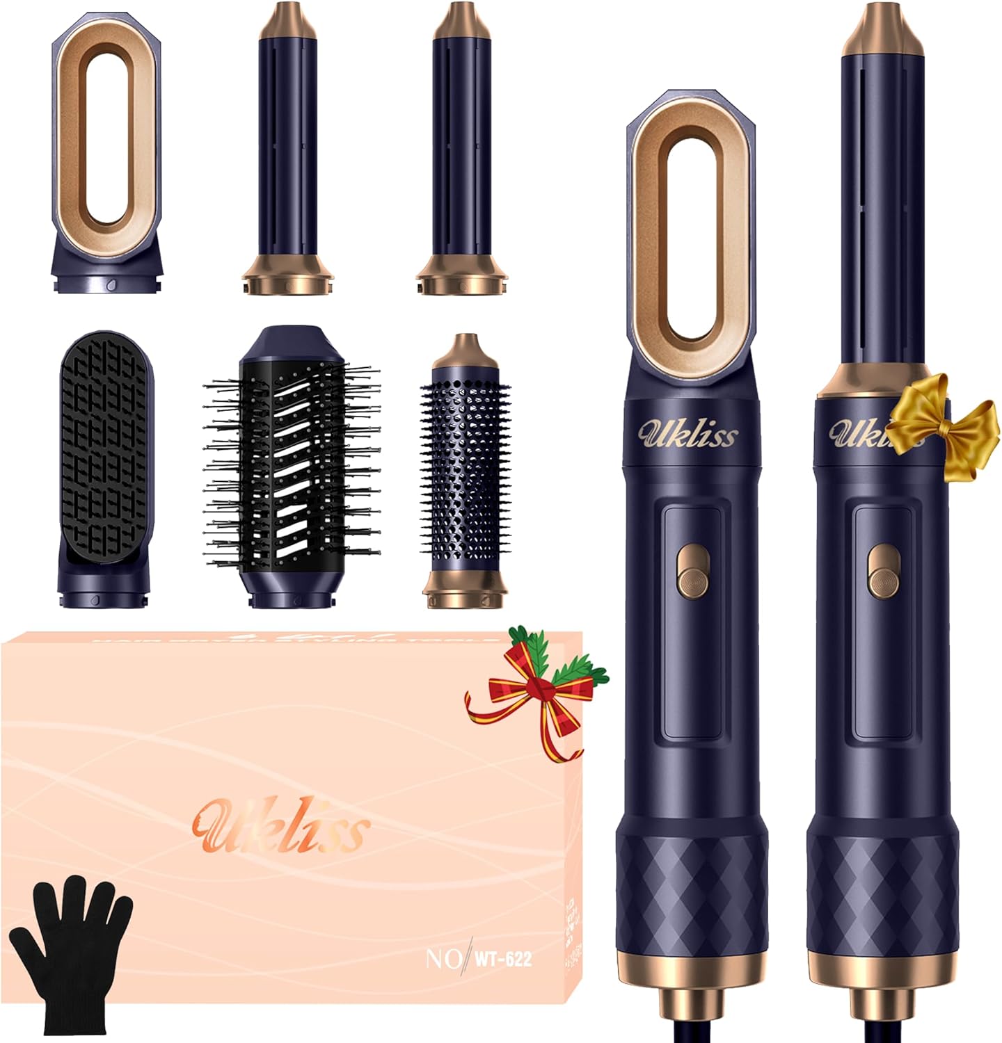 UKLISS - Air Styler 6 en 1 - sèche-cheveux brushing ionique, boucleur, lisseur, brosse chauffante - Gold Blu