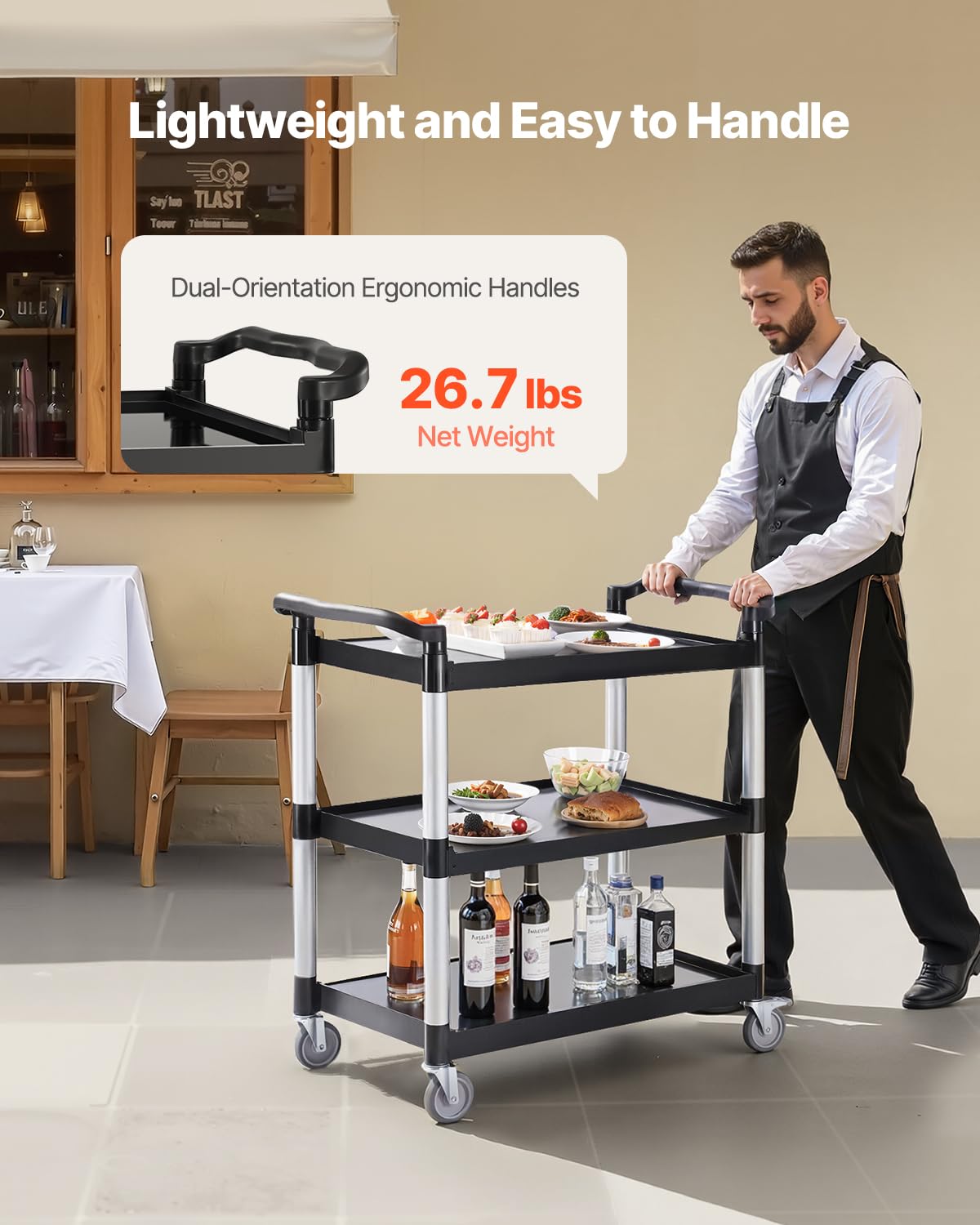 VEVOR - chariot de service 3 niveaux 1060x490x980mm, roulettes pivotantes