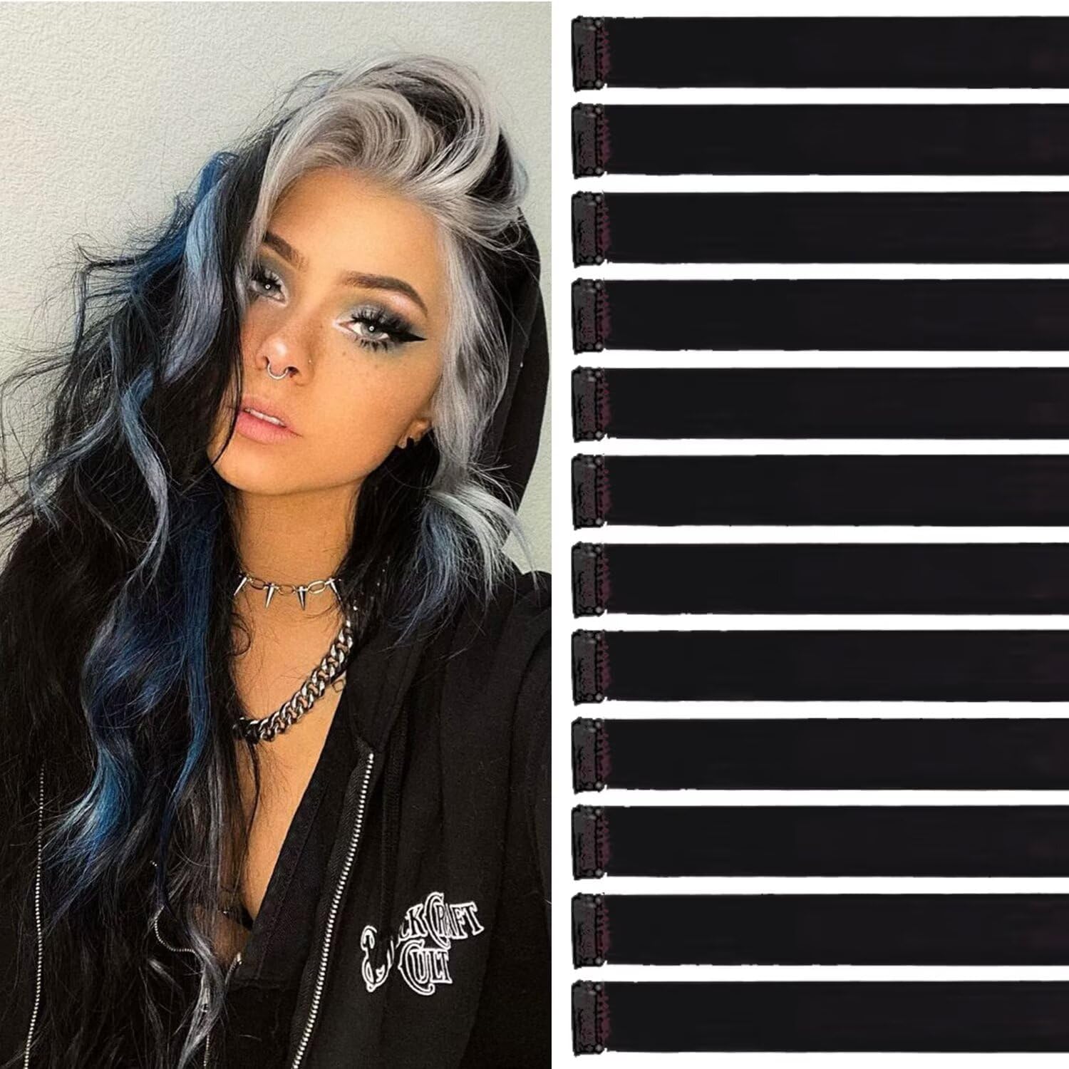 Mèches de cheveux à clipser - 55 cm - lot de 12, noires, pour tresses et coiffures