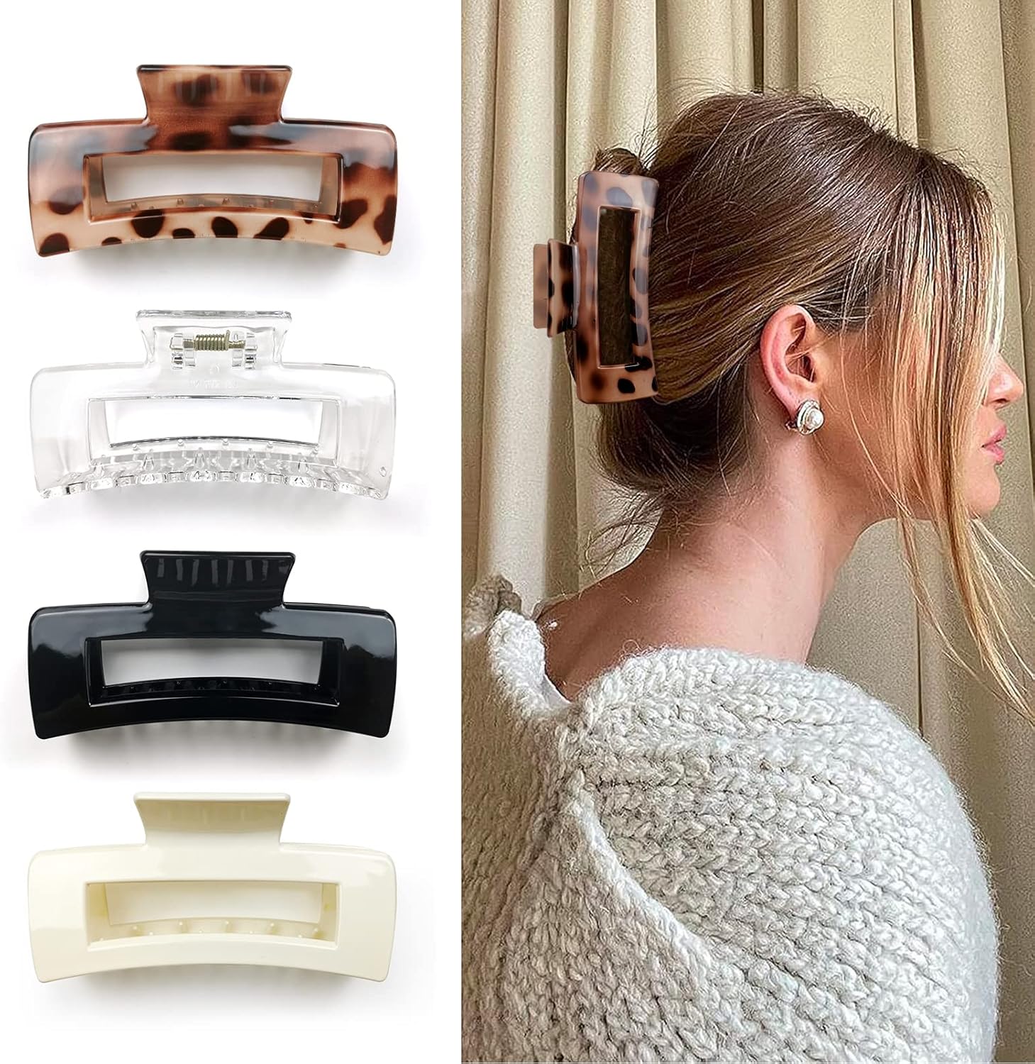 Kavya - Lot 4 pinces cheveux rectangulaires - plastique - antidérapantes, adaptées cheveux épais