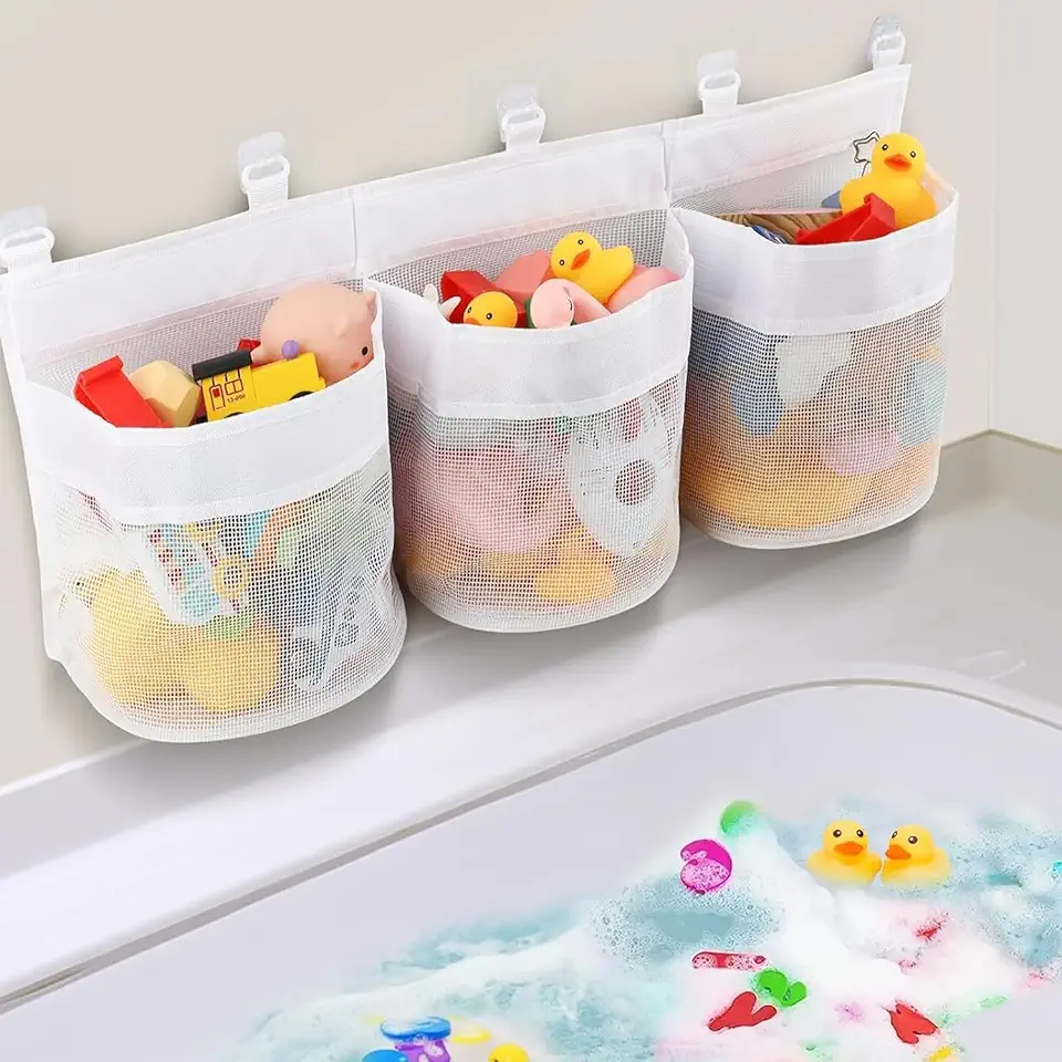 Filet de rangement jouets bain 3 compartiments, grande capacité, maille respirante, 4 crochets adhésifs