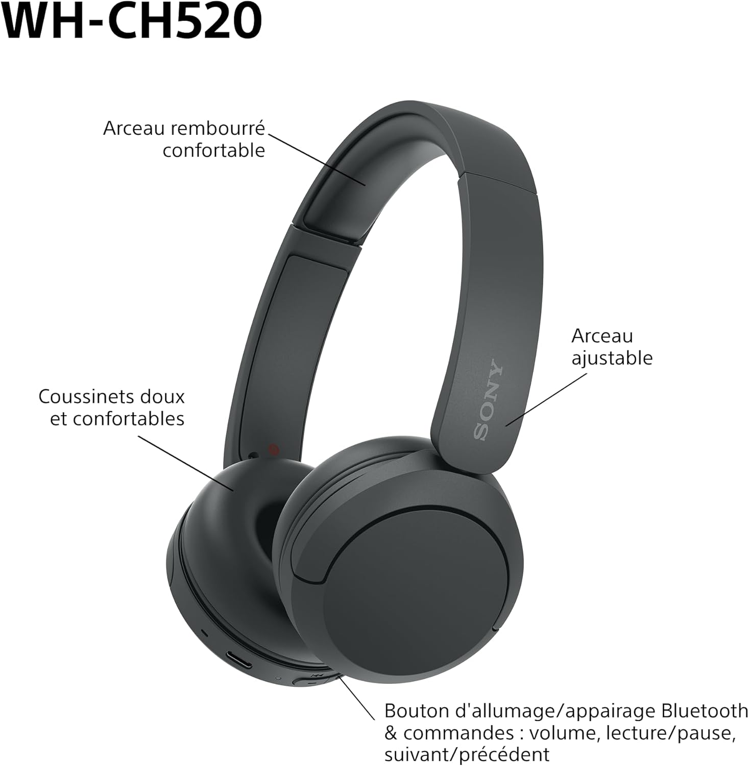 Sony - WH-CH520 série - casque sans fil, micro, 50h autonomie, noir