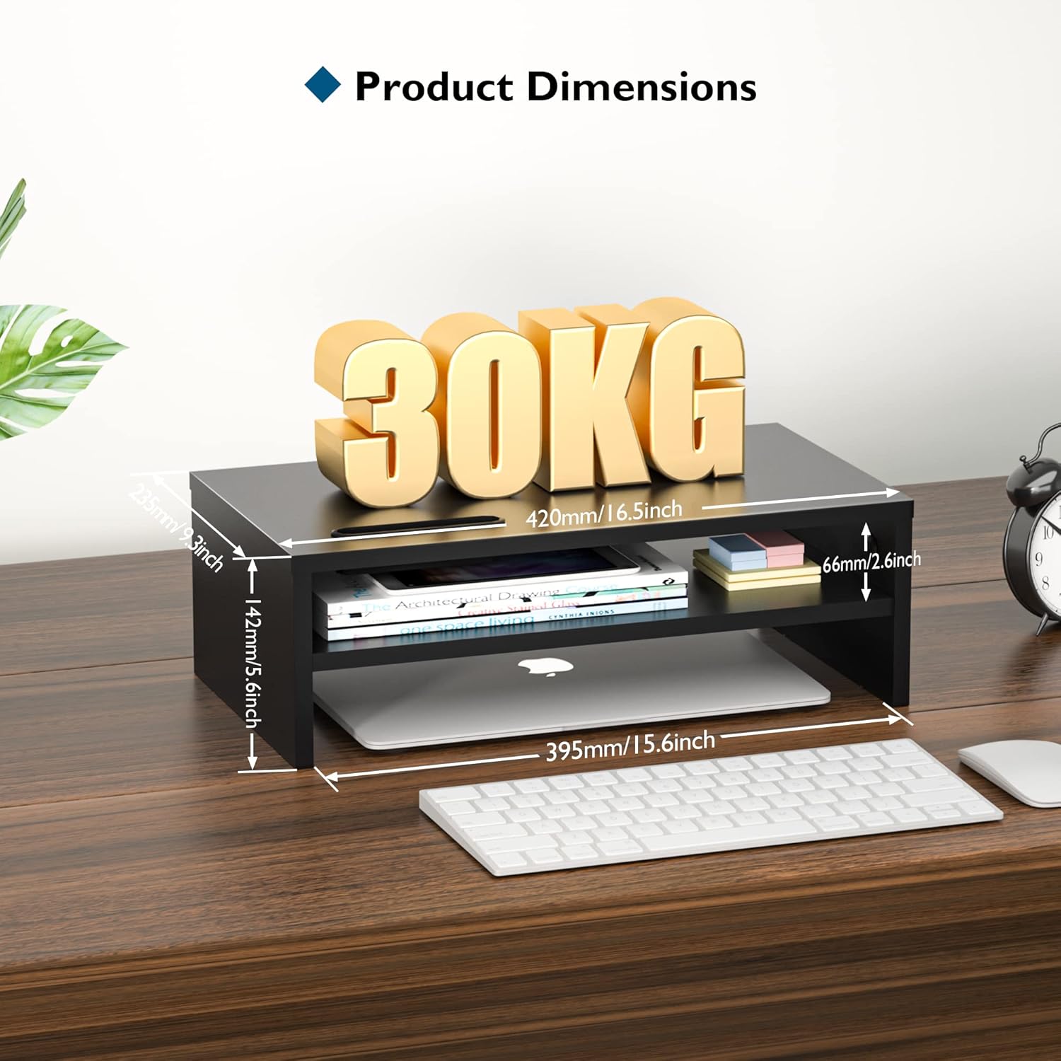 BONTEC - réhausseur écran bois noir - 420mm - 2 niveaux, support PC