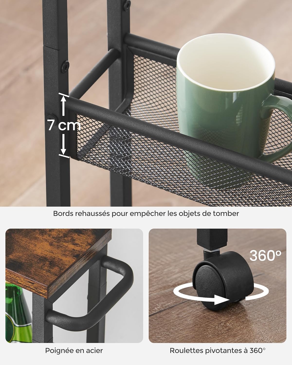 VASAGLE - desserte 4 niveaux - 13x45,4x77cm - acier, roulettes, compact - LRC032B01V1