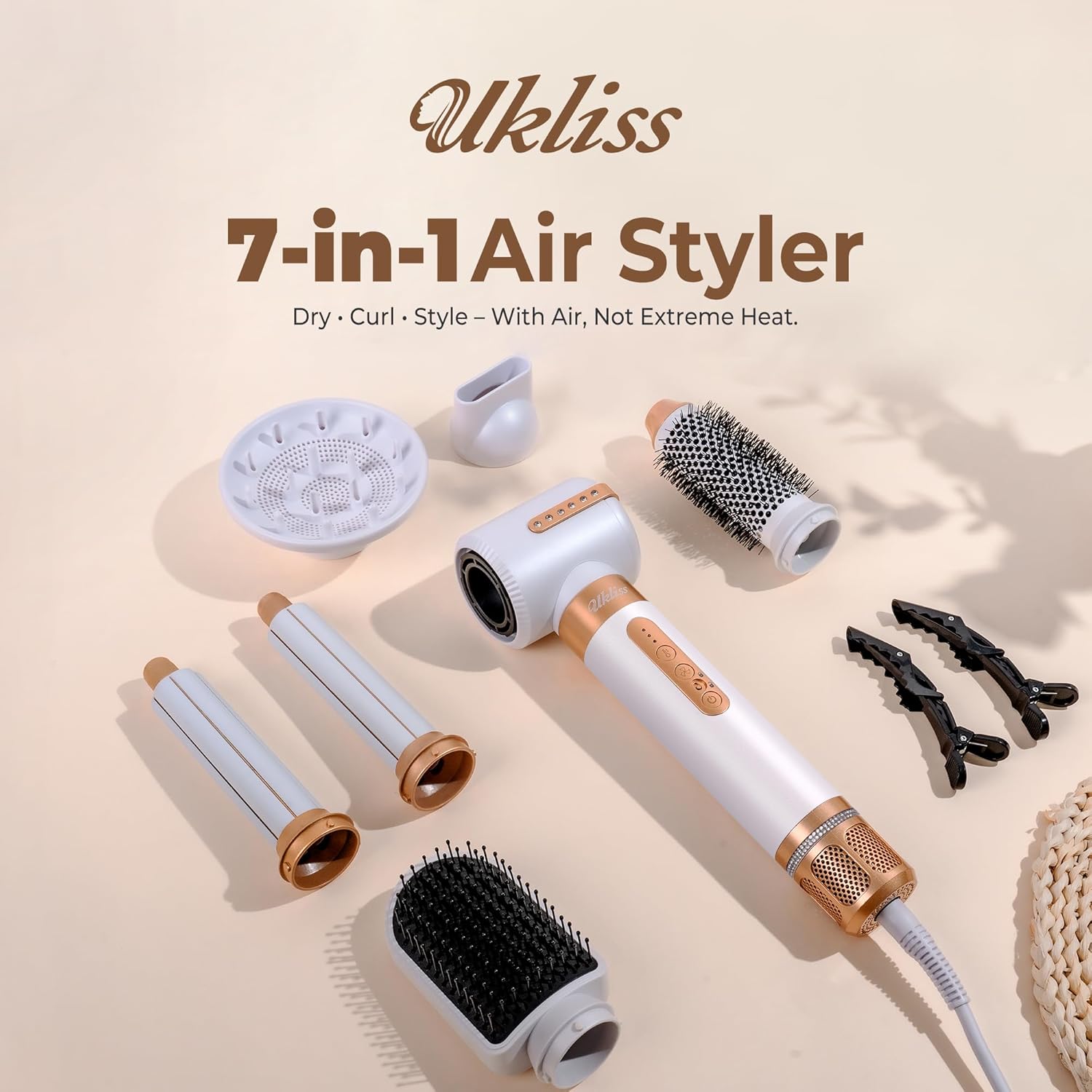 UKLISS - Brosse soufflante 7-en-1, sèche-cheveux, boucleur, brosse lissante - Cadeau femme styling