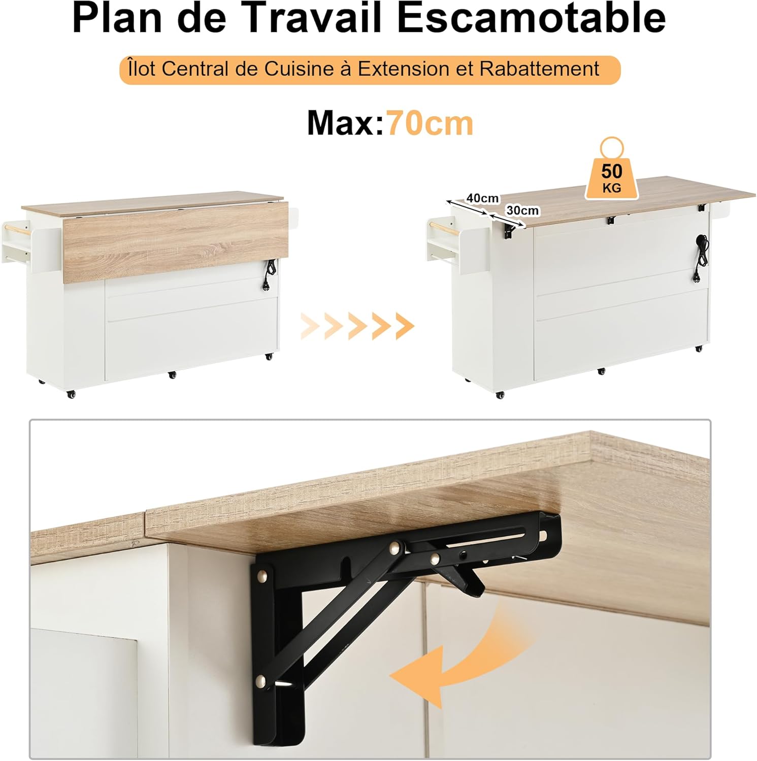 Desserte îlot cuisine - plan rabattable, USB, tiroirs, rangement, blanc