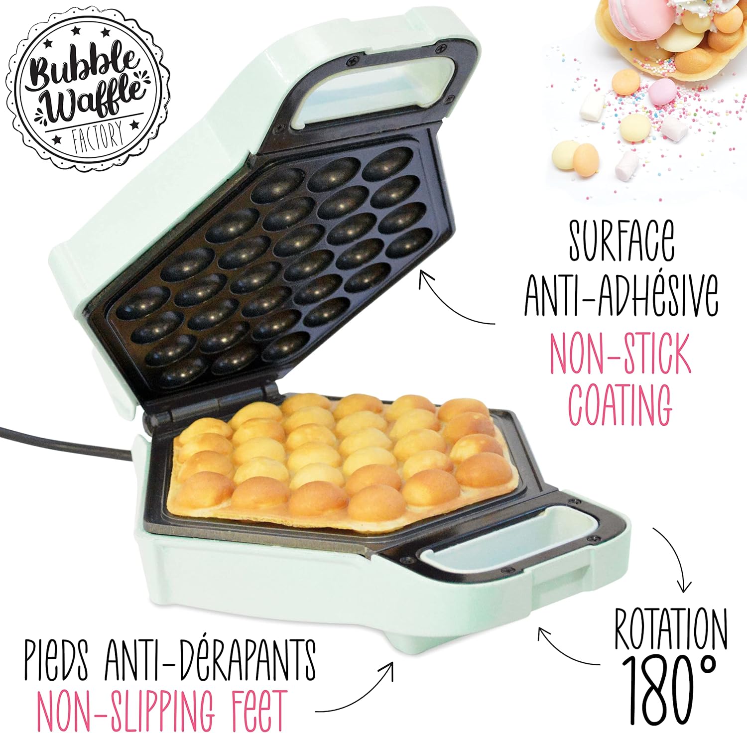 ScrapCooking - Bubble Waffle Factory - gaufrier, compact, anti-adhésif, rotation 180°, vert