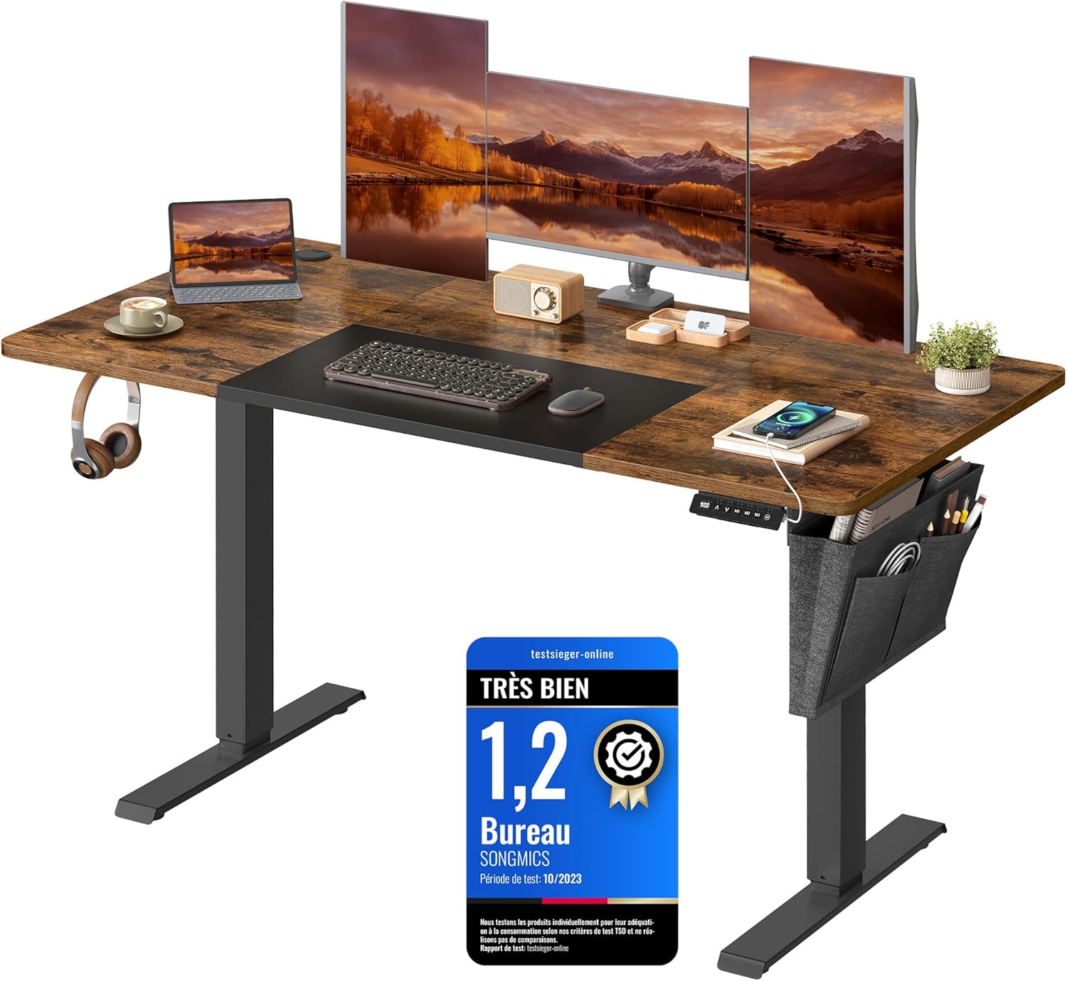 SONGMICS - bureau électrique réglable - 140x60 cm - mémoire 4 hauteurs, marron rustique/noir - LSD016X01