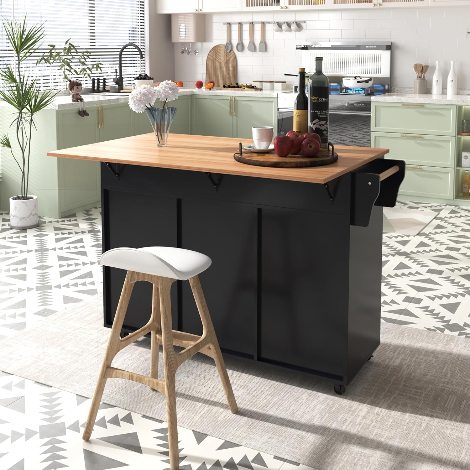 Desserte îlot cuisine - plan rabattable, rangements, roulettes - 129x71x91,5cm