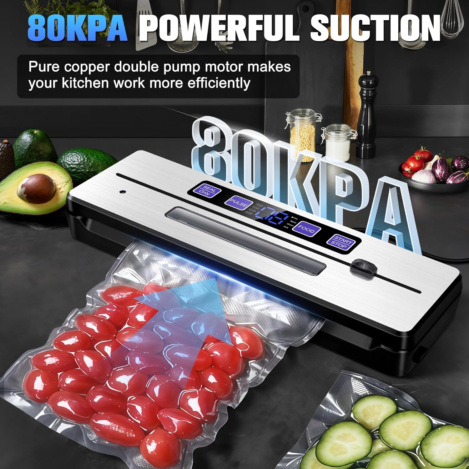 Machine sous vide alimentaire - double thermoscellage, 7en1, 80KPA, compatible aliments secs/humides