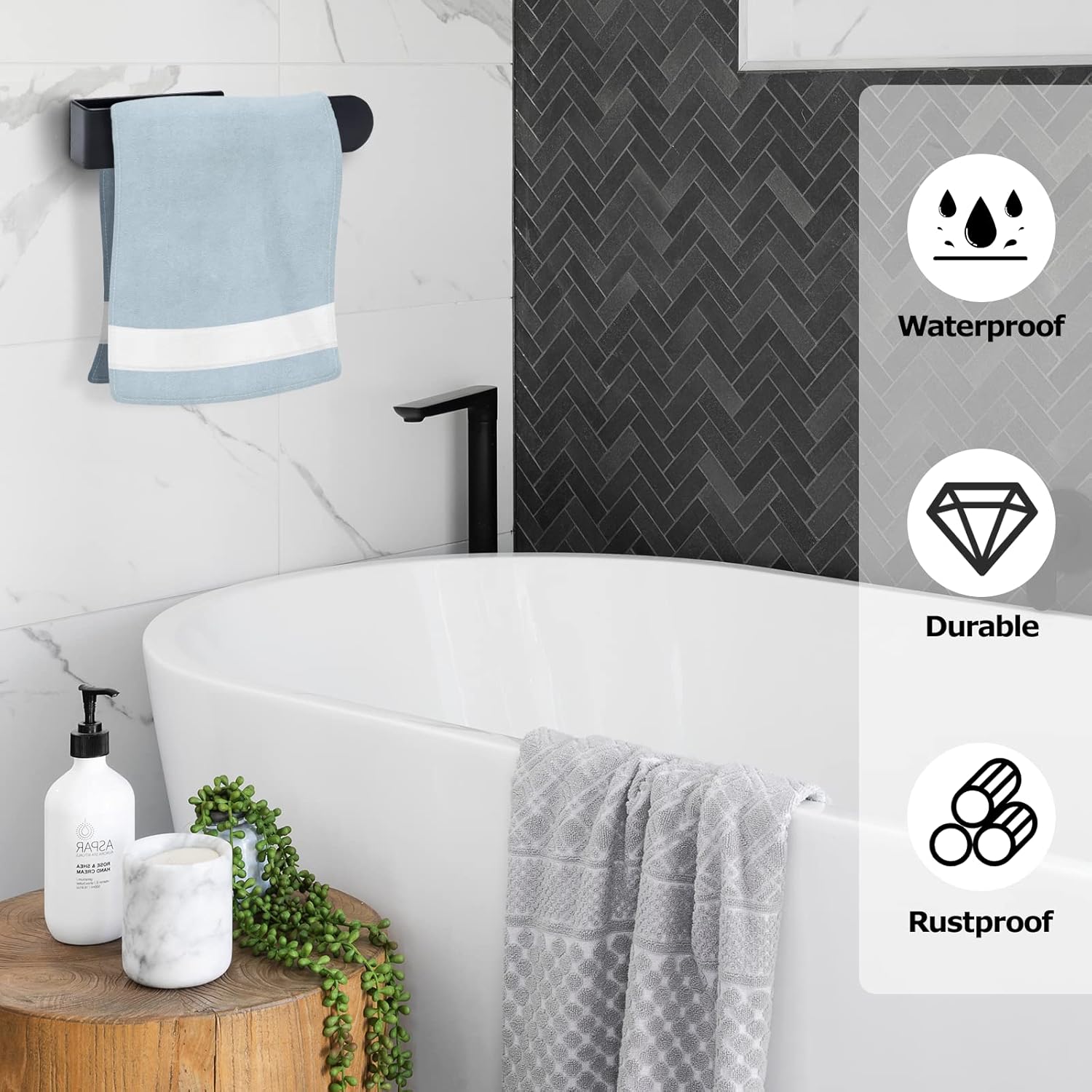 BillyBath - Porte-serviette mural noir 20cm - adhésif/perçage, salle de bain