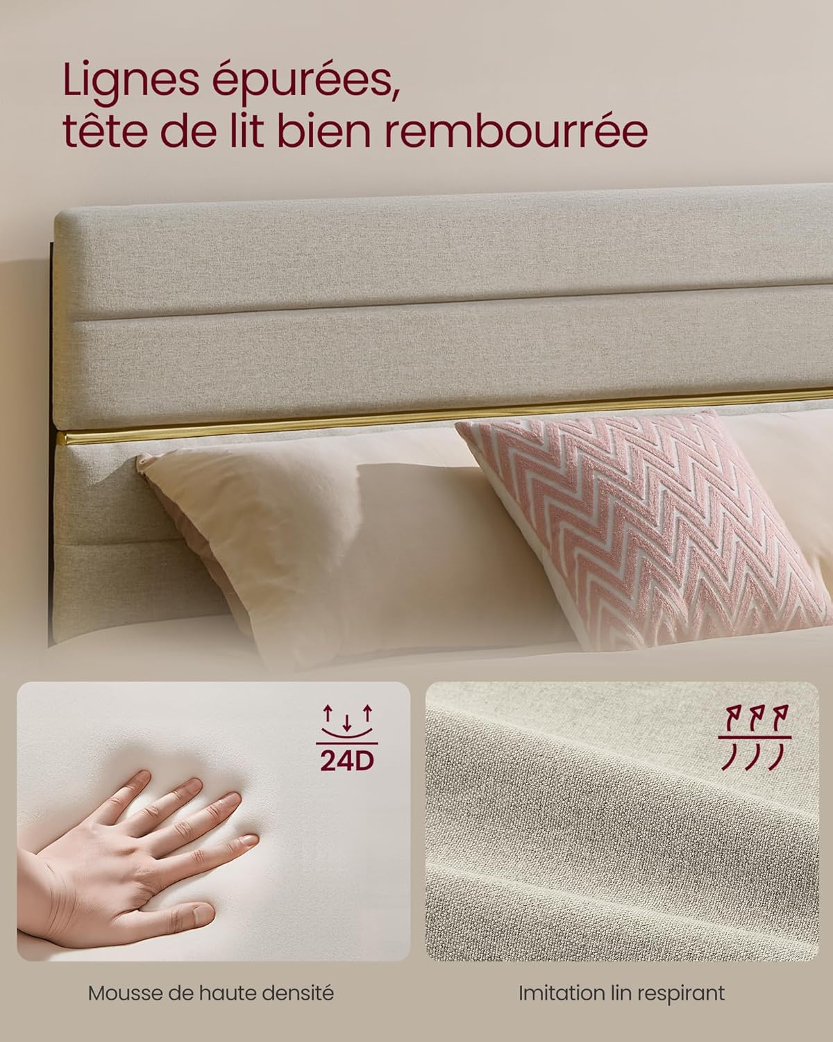 VASAGLE - lit double moderne - 160x200 cm - tête rembourrée ajustable métal bois massif - RMB505LH01