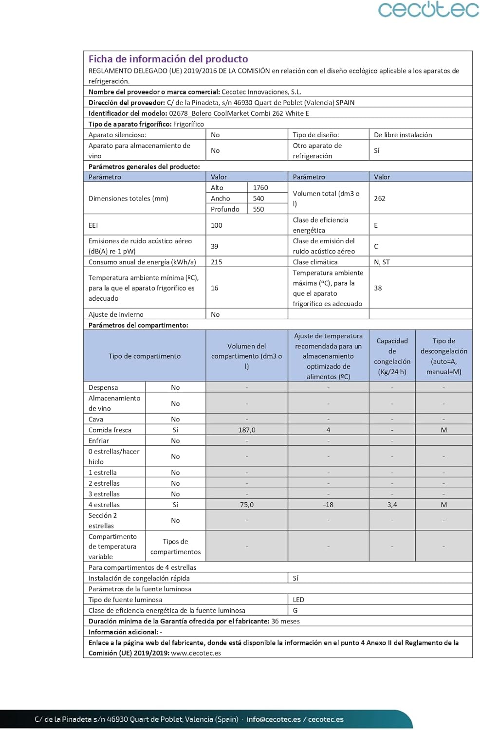 Cecotec - Bolero CoolMarket Combi - 262L - Classe E, LED, contrôle électronique