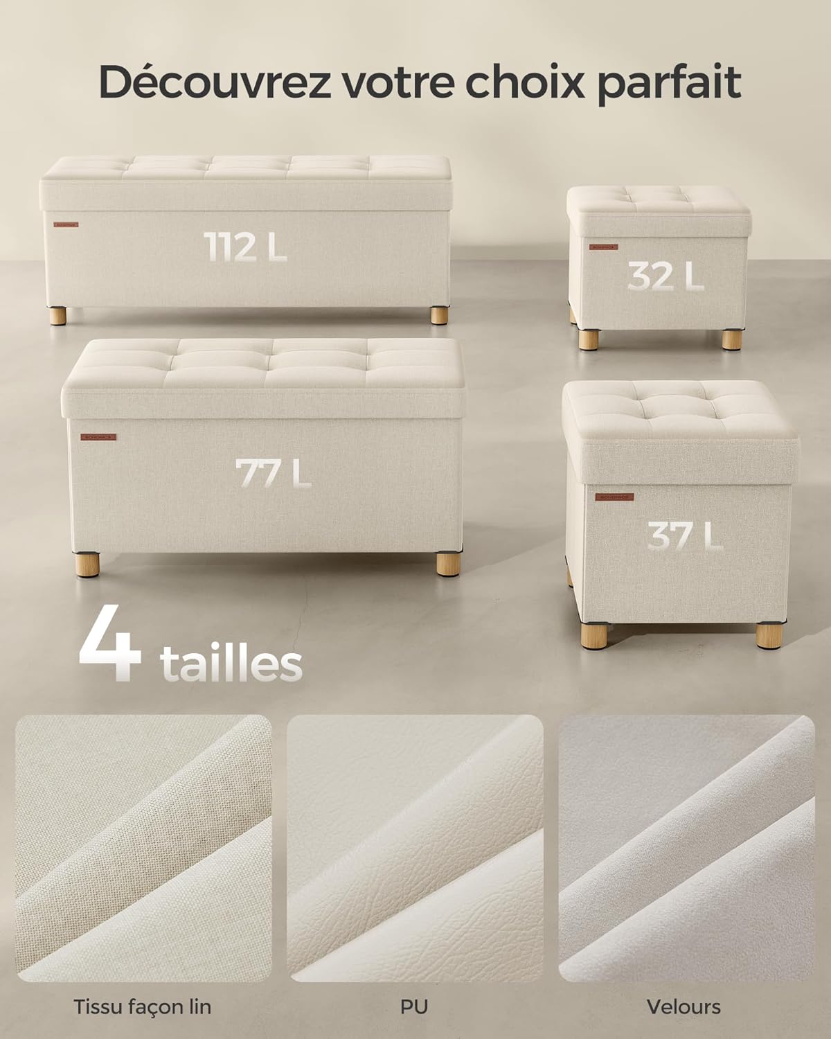 SONGMICS - pouf pliable - 38x38x40 cm - rangement solide, 300 kg, LSF014W11