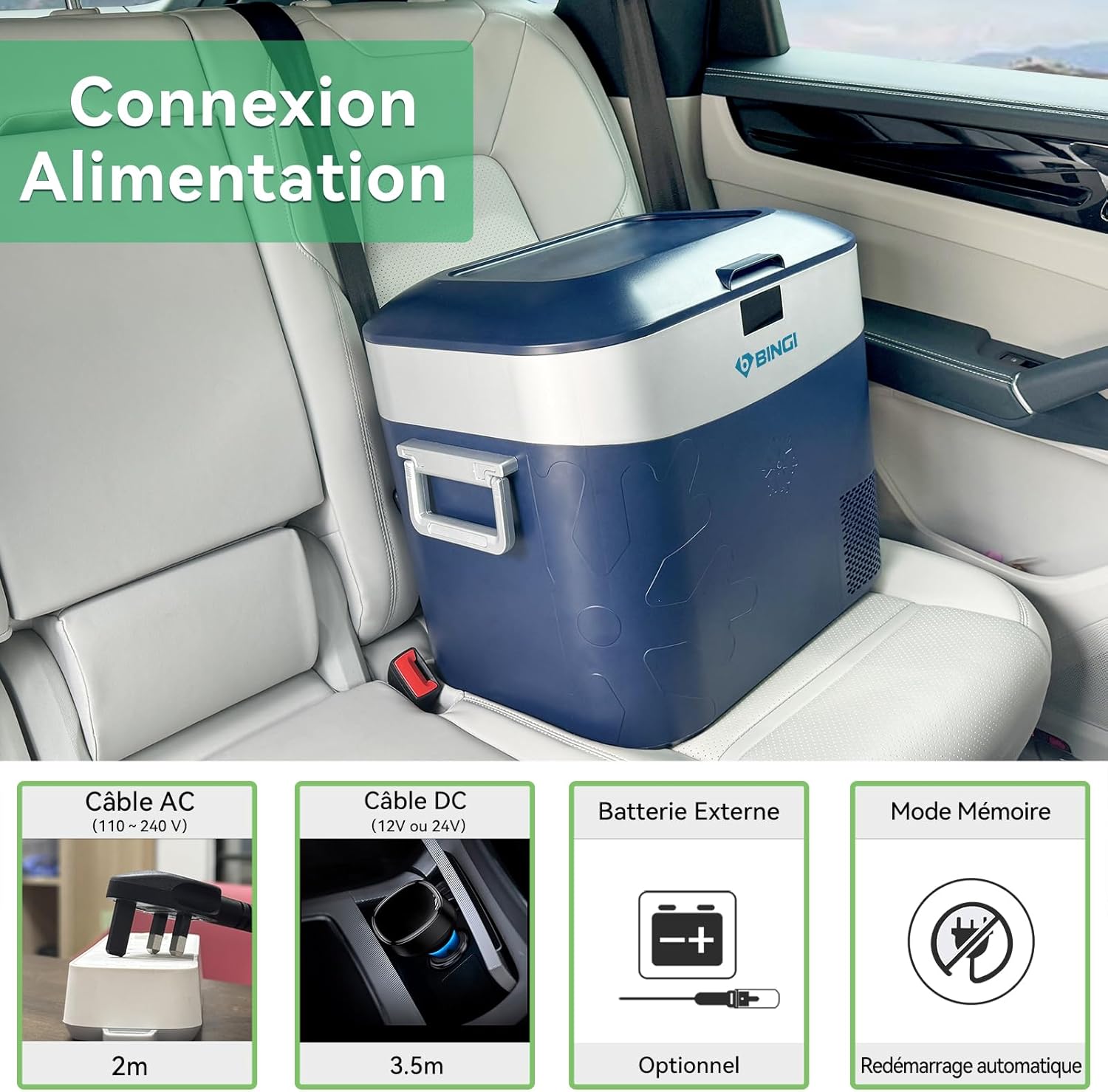 BINGI - glaciere electrique 22L - silencieuse, -18°C/+15°C, 12V/24V/220V