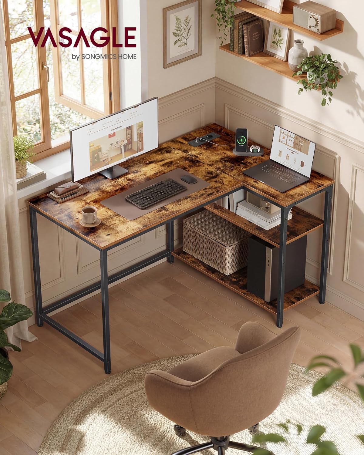 VASAGLE - Bureau en L, 110x80 cm, étagères réglables, ports USB, LWD131KD01