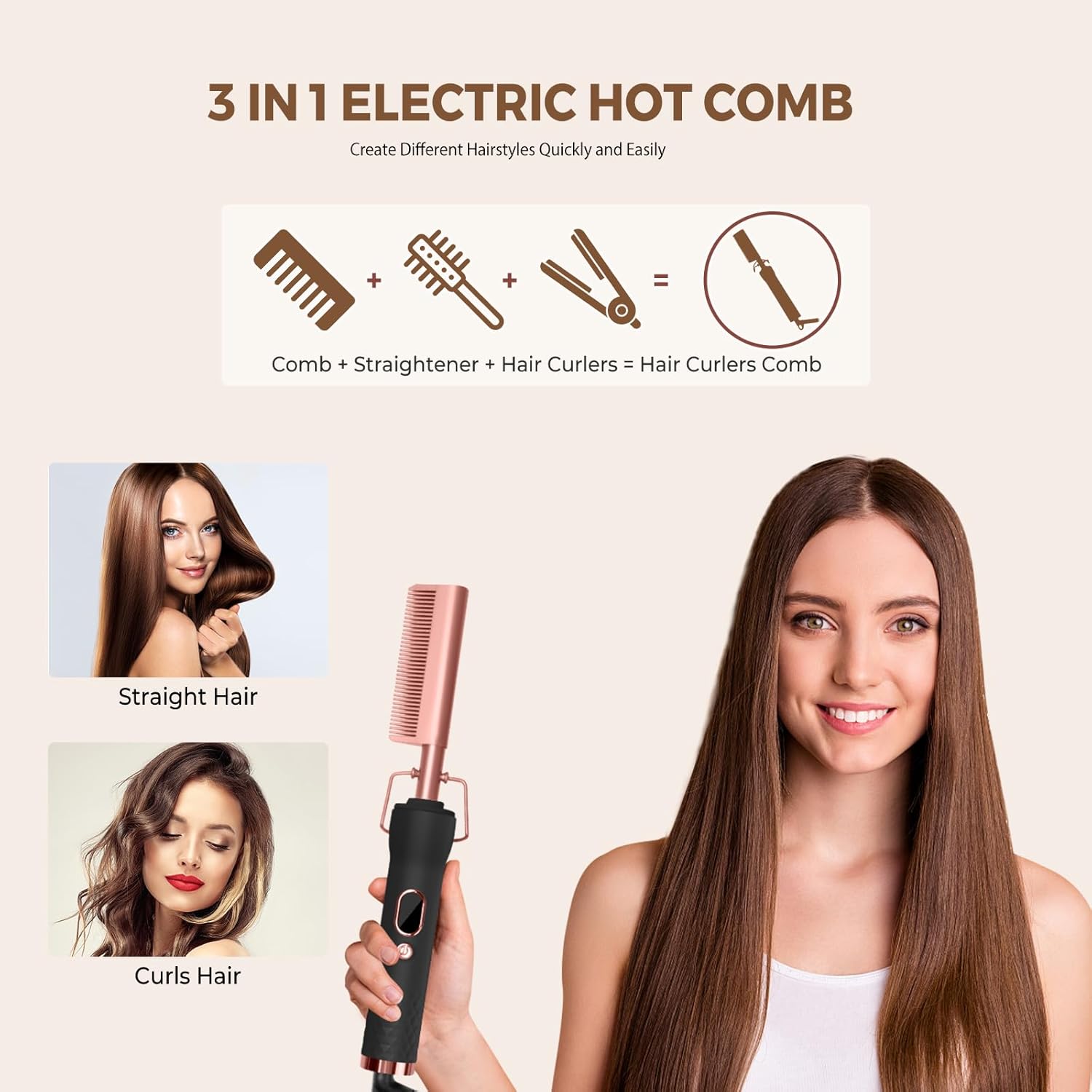 UKLISS - Peigne lissant 3 en 1 - LCD, 120-230°C, barbe et cheveux