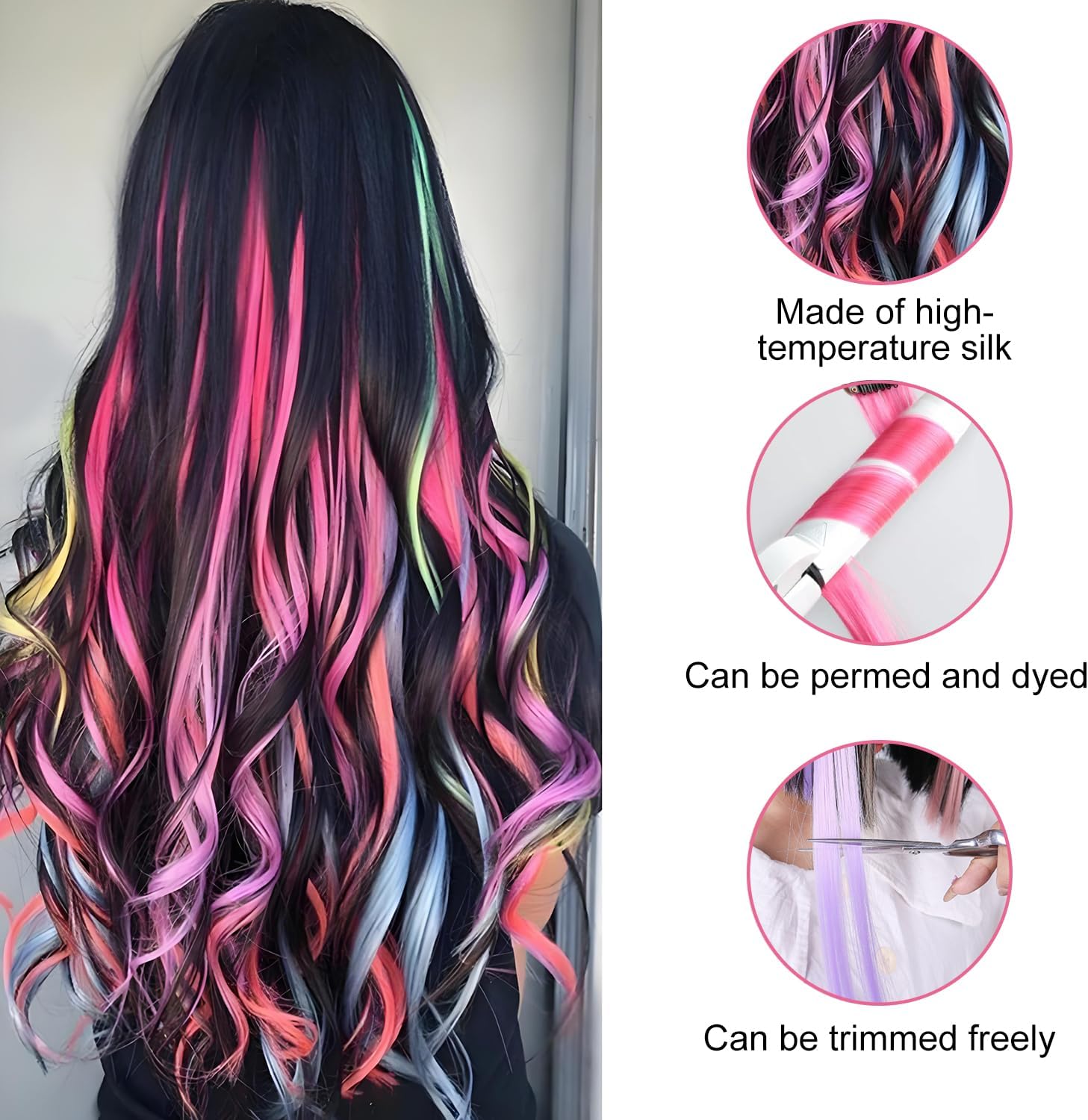 Extensions à clip cheveux - 22 pouces - mèches multicolores pour fêtes