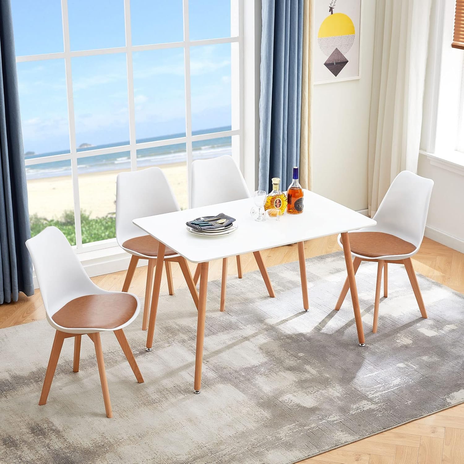 EGGREE - chaises scandinaves - bois hêtre, cuir PU, rembourrées, blanc/marron