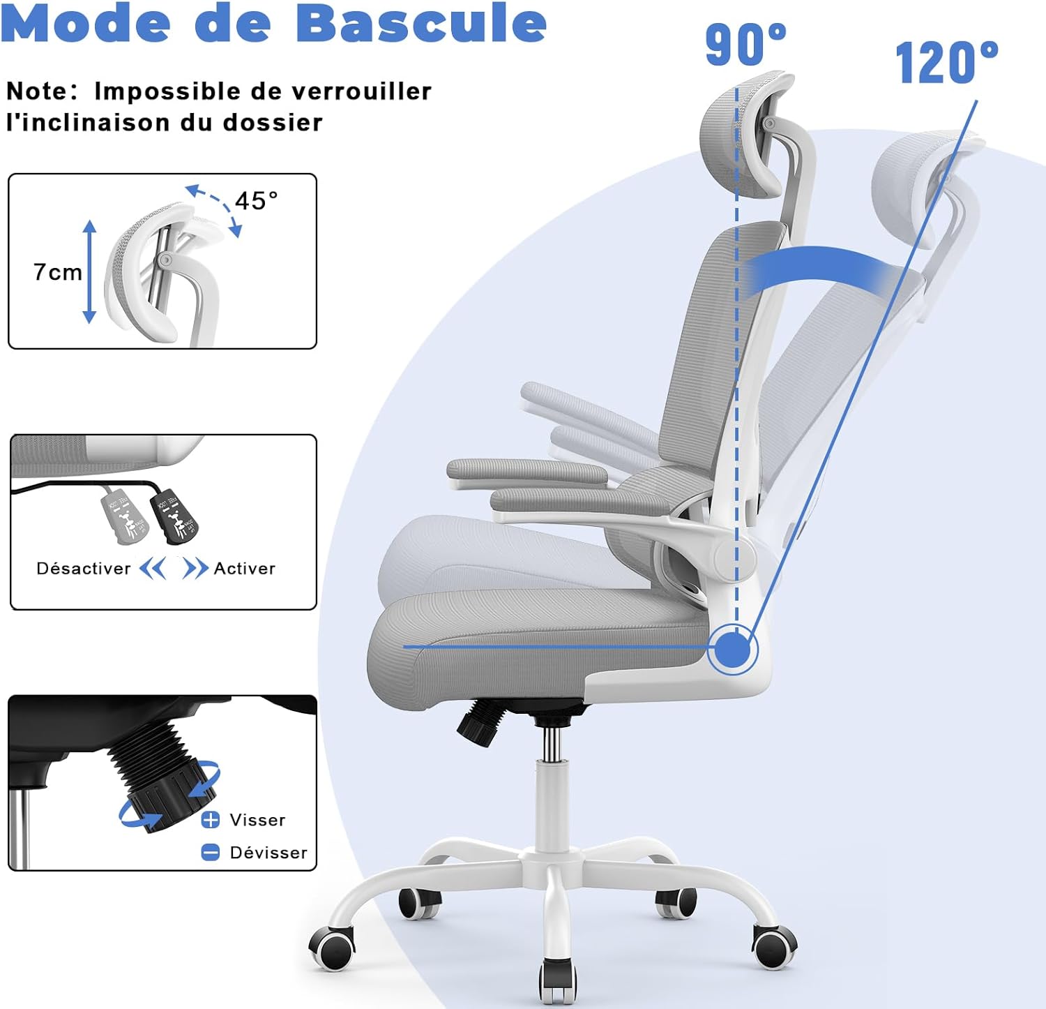 Chaise de Bureau - Ergonomique dossier réglable, appui-tête - maille respirante, support lombaire - gris