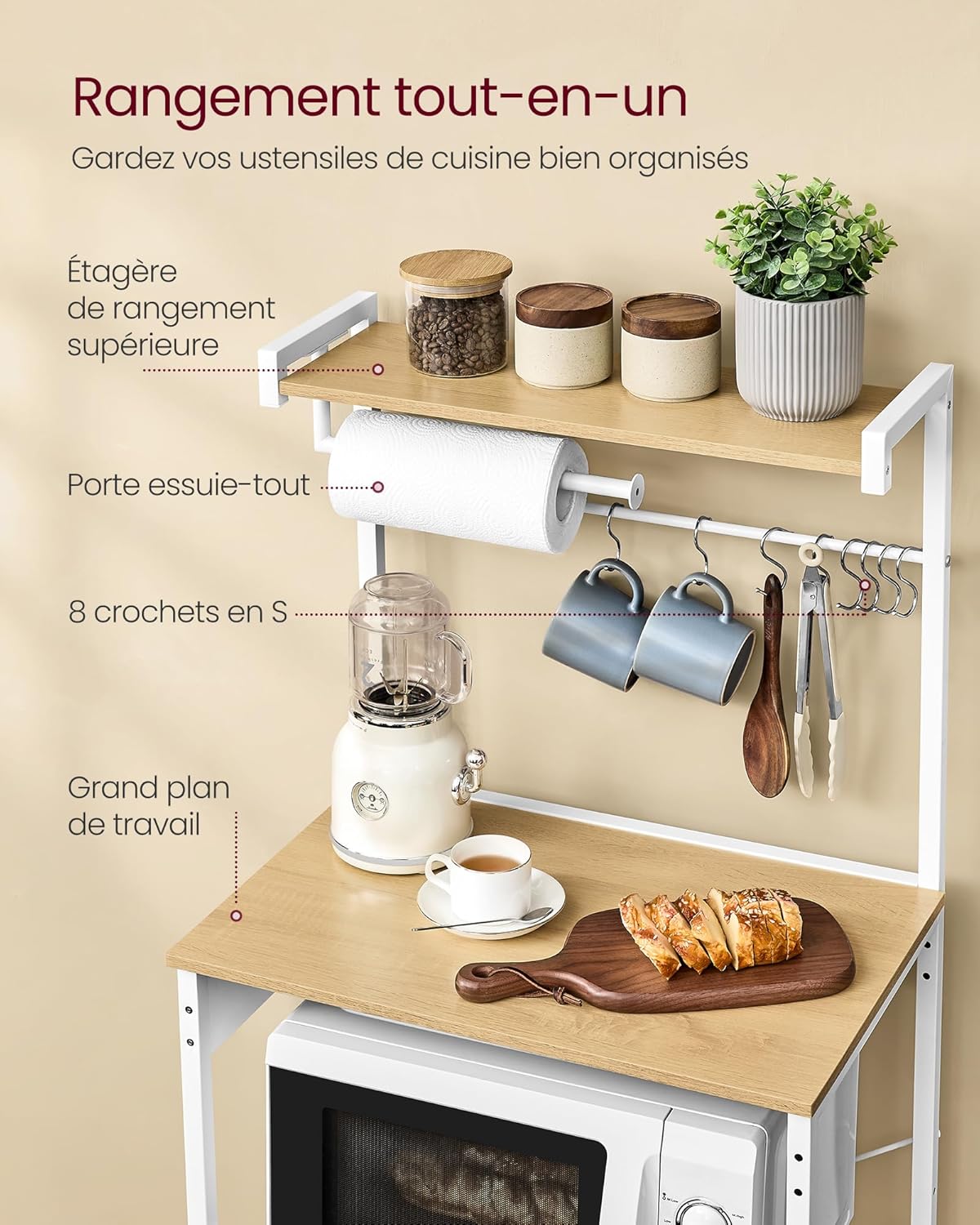 VASAGLE - support micro-ondes 40x60x140cm, 4 niveaux, multiprise, KKS014Y02