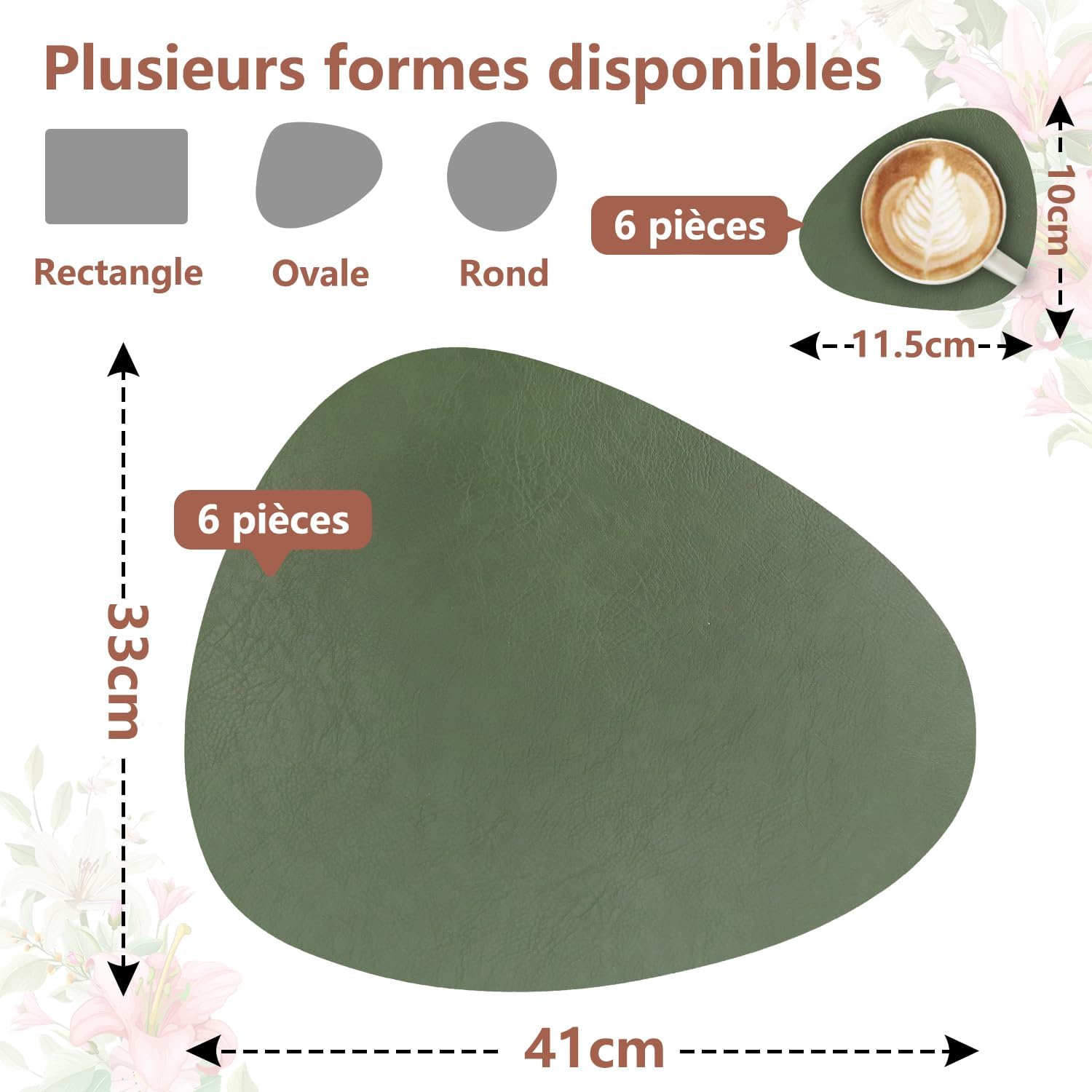 Set de table - lot 6 ovale 41x33cm - lavable, antidérapant, cuir PU, vert/gris