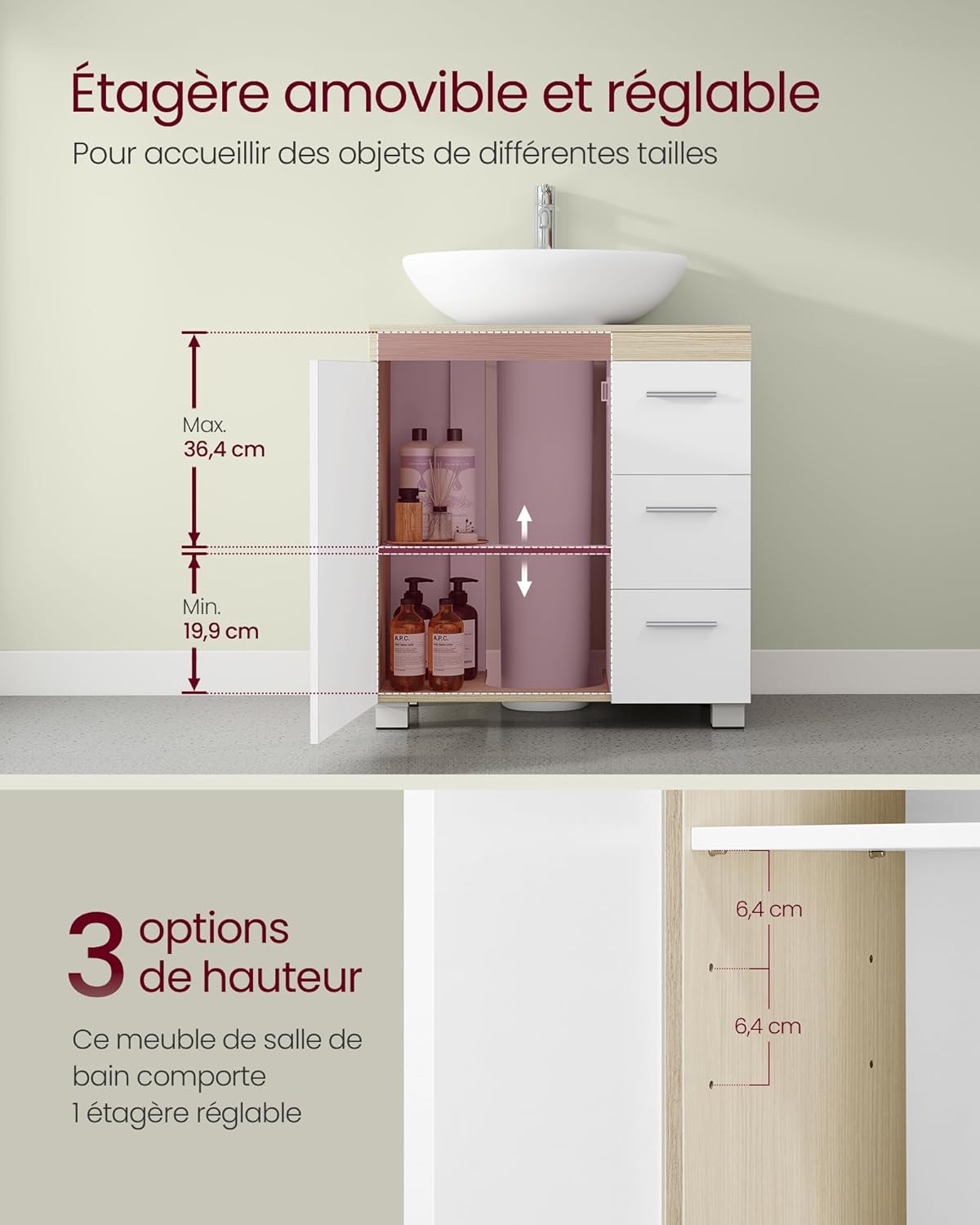 VASAGLE - meuble sous lavabo série BBK514LL01 - 30x60x64 cm, 3 tiroirs, 2 compartiments