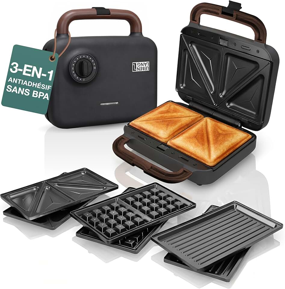 LEBENLANG - Appareil 3 en 1 - 750W, 3 plaques, grill, gaufre, sandwich