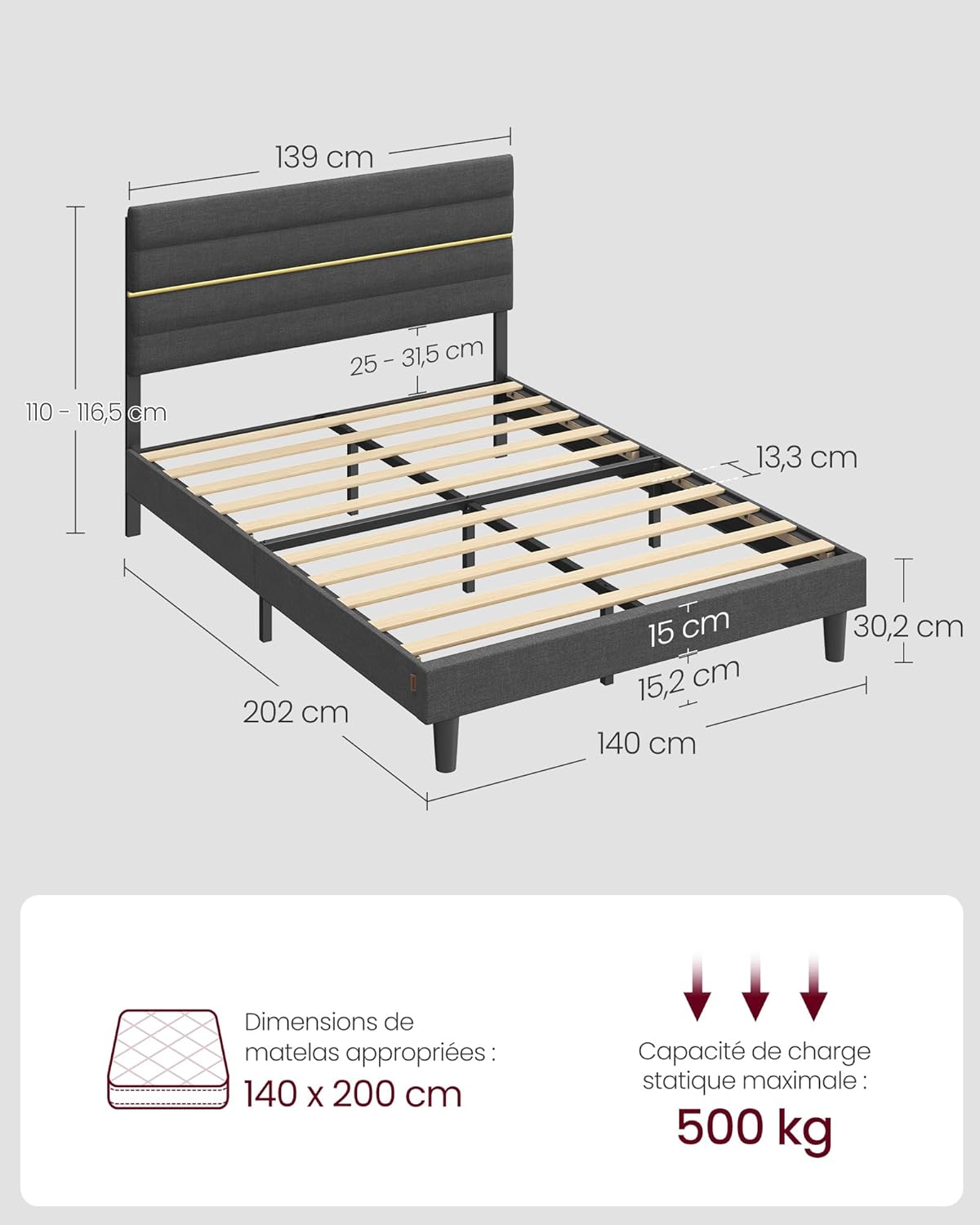 VASAGLE - lit double moderne - 140x200 cm - tête rembourrée réglable, métal et bois gris ardoise RMB504G01
