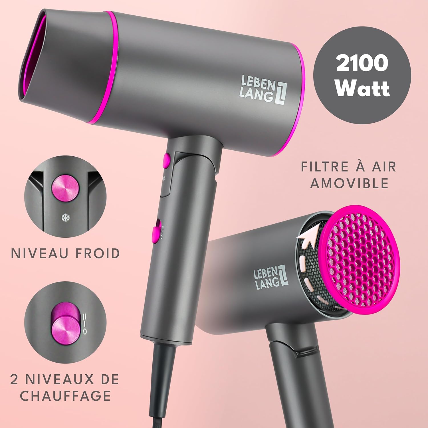 LEBENLANG - Sèche-cheveux ionique pliable 2100W, air froid, anti-fourches, Gris Seche Cheveux Ionique 2100W