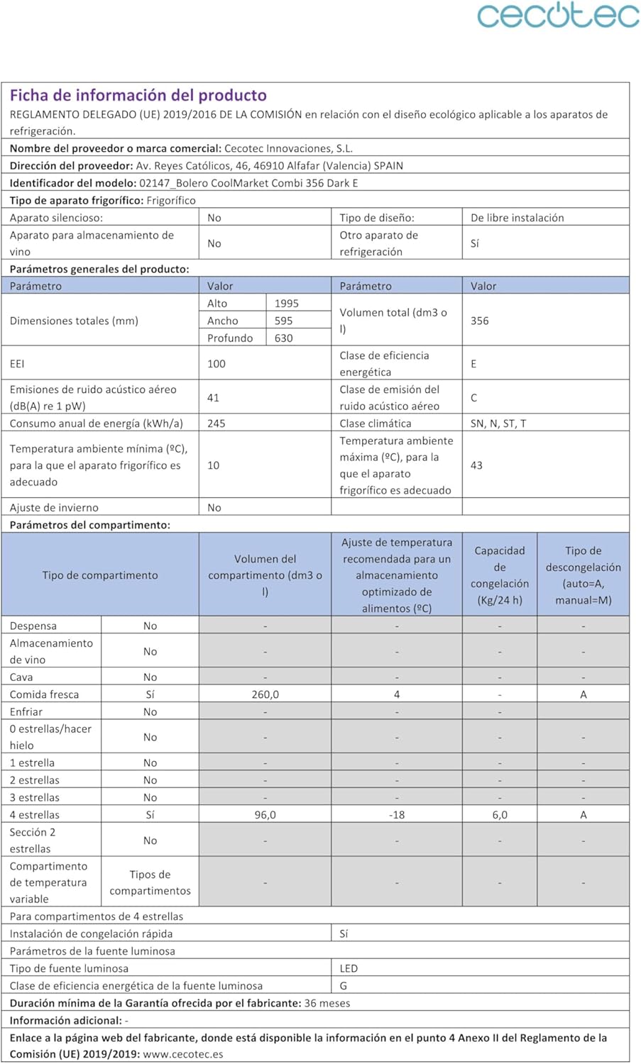 Cecotec - Bolero CoolMarket Combi 356 - 356L inox - No-Frost, Multi Airflow, congélation rapide