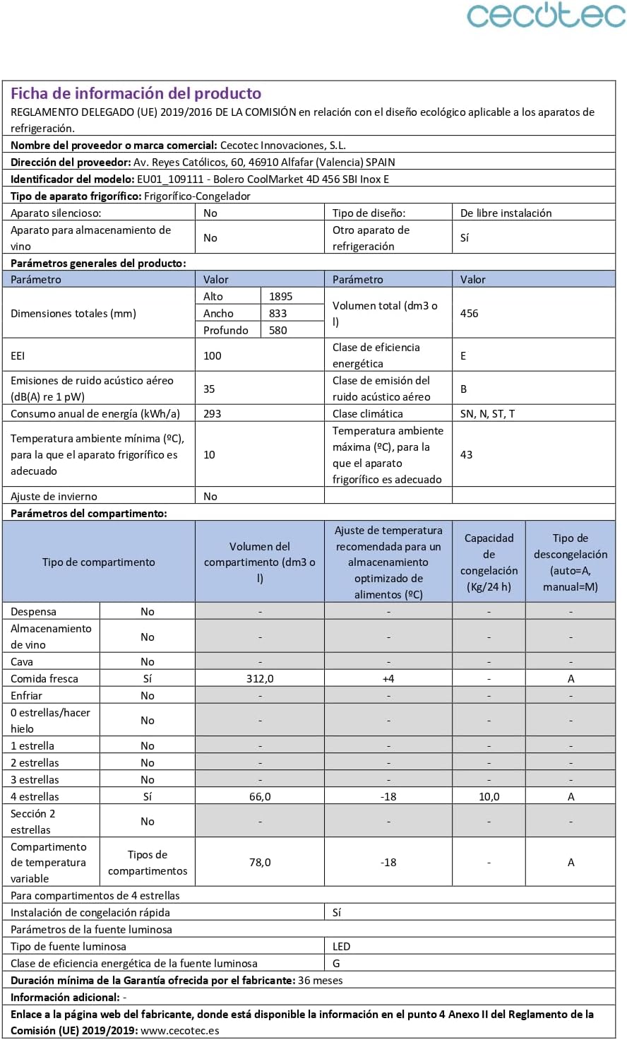 Cecotec - Bolero CoolMarket 4D - 189x83 cm - 456 L, No Frost, Inverter, 4 portes, 4D 456 SBI